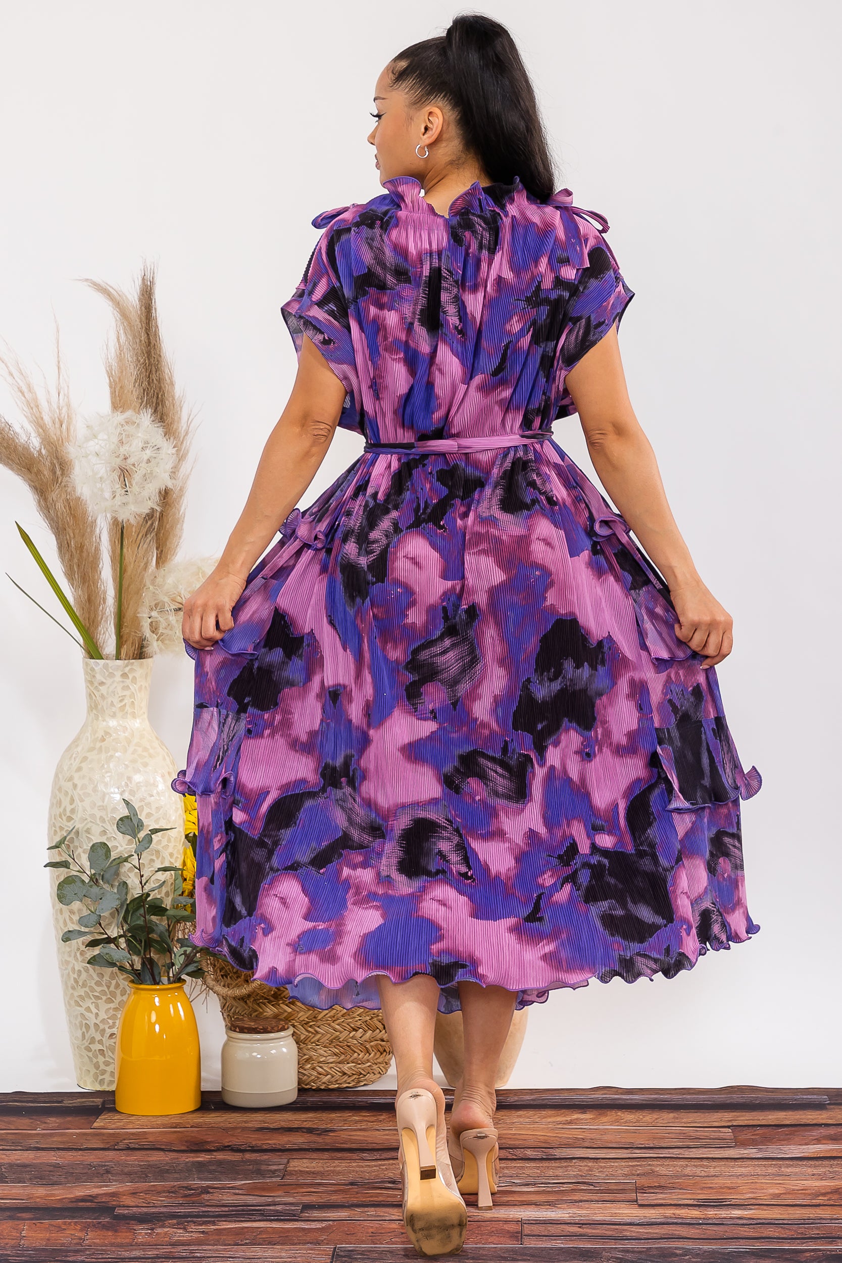 25327 Pleated Tiered Ruffle Maxi Dress