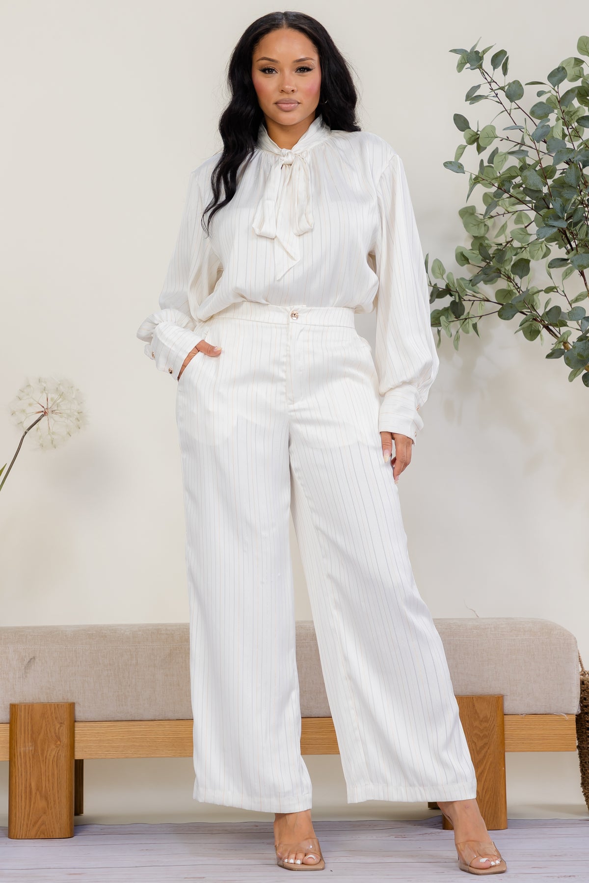 MS319 - Elegant Pinstripe Tie-Neck Two-Piece Set