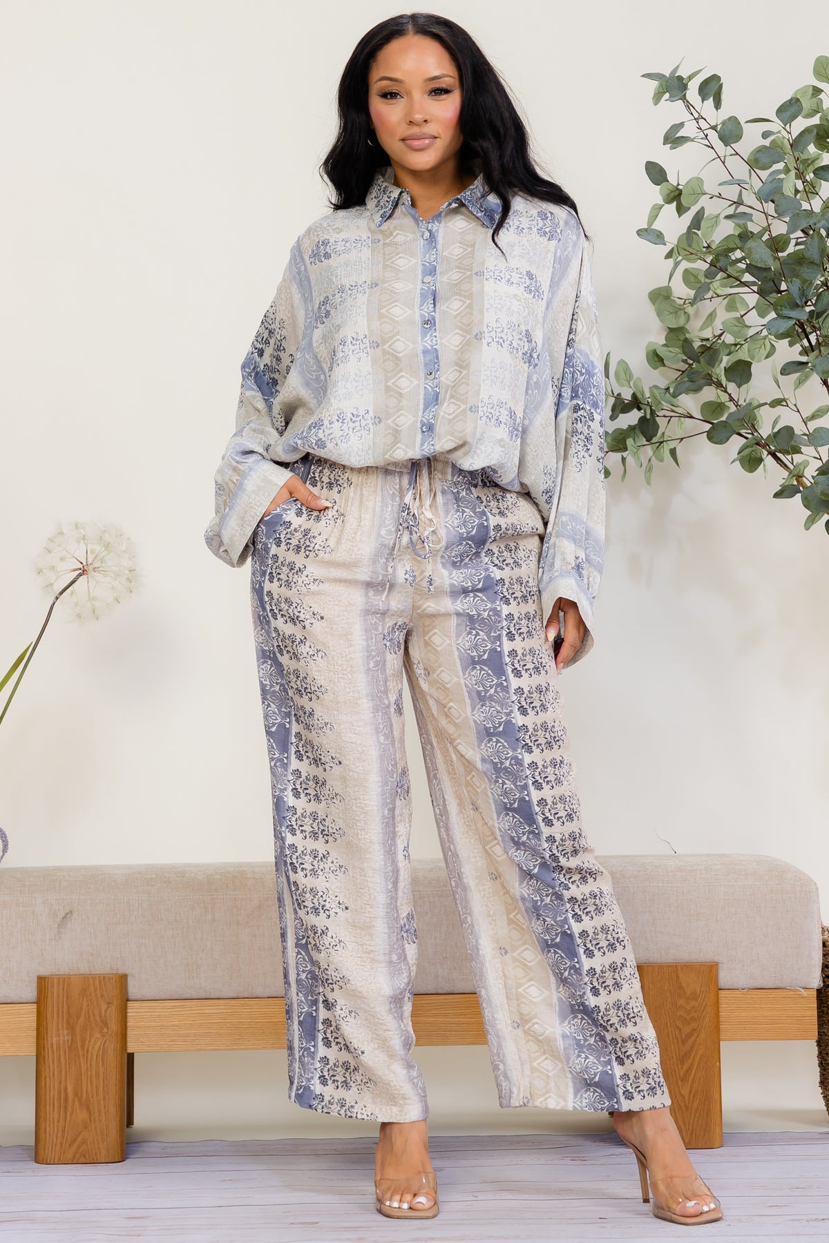MS317-R - Floral Patchwork Print Two-Piece Pant Set