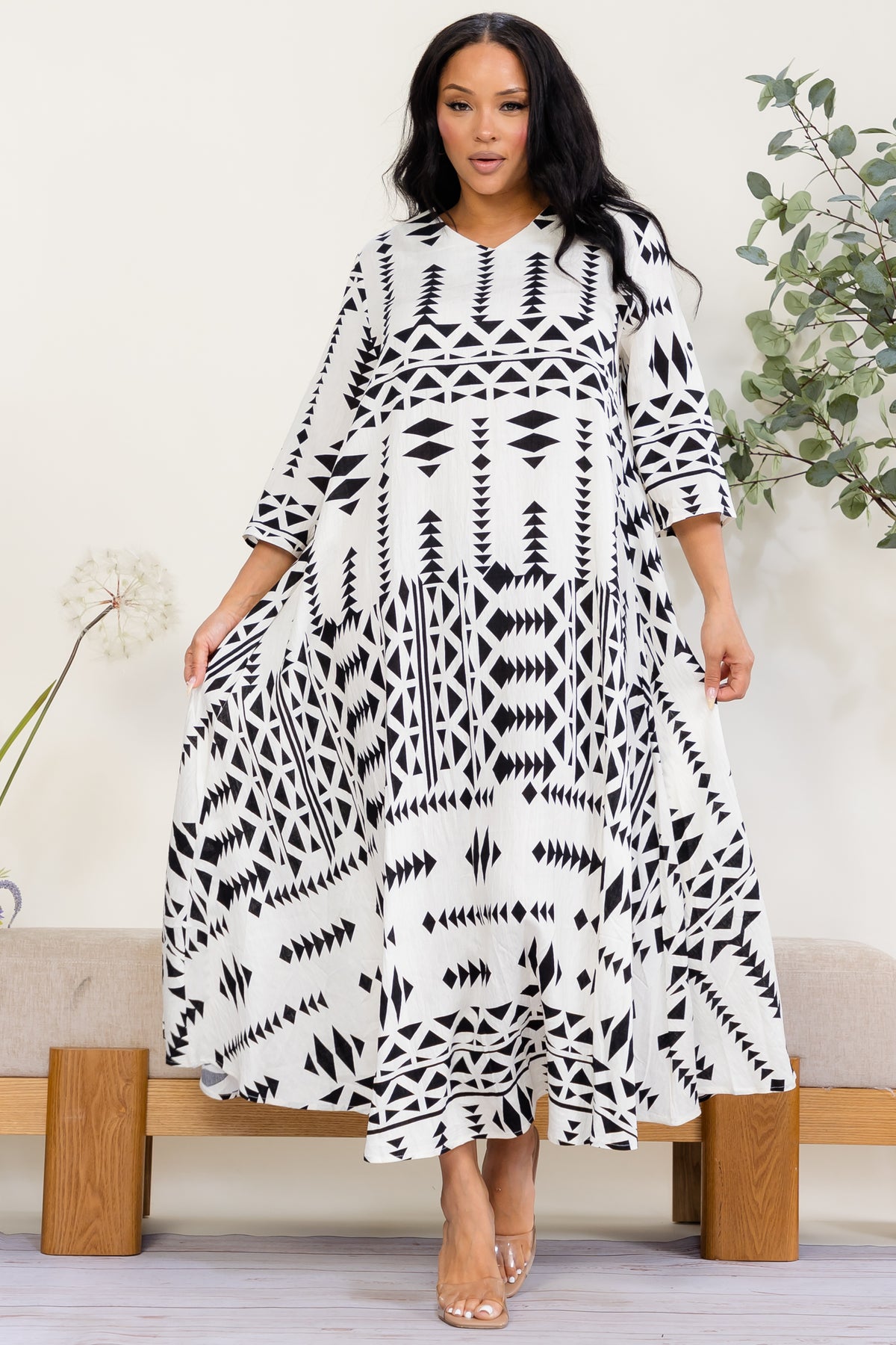 SD2692-R - One Size Geometric Print Maxi Dress