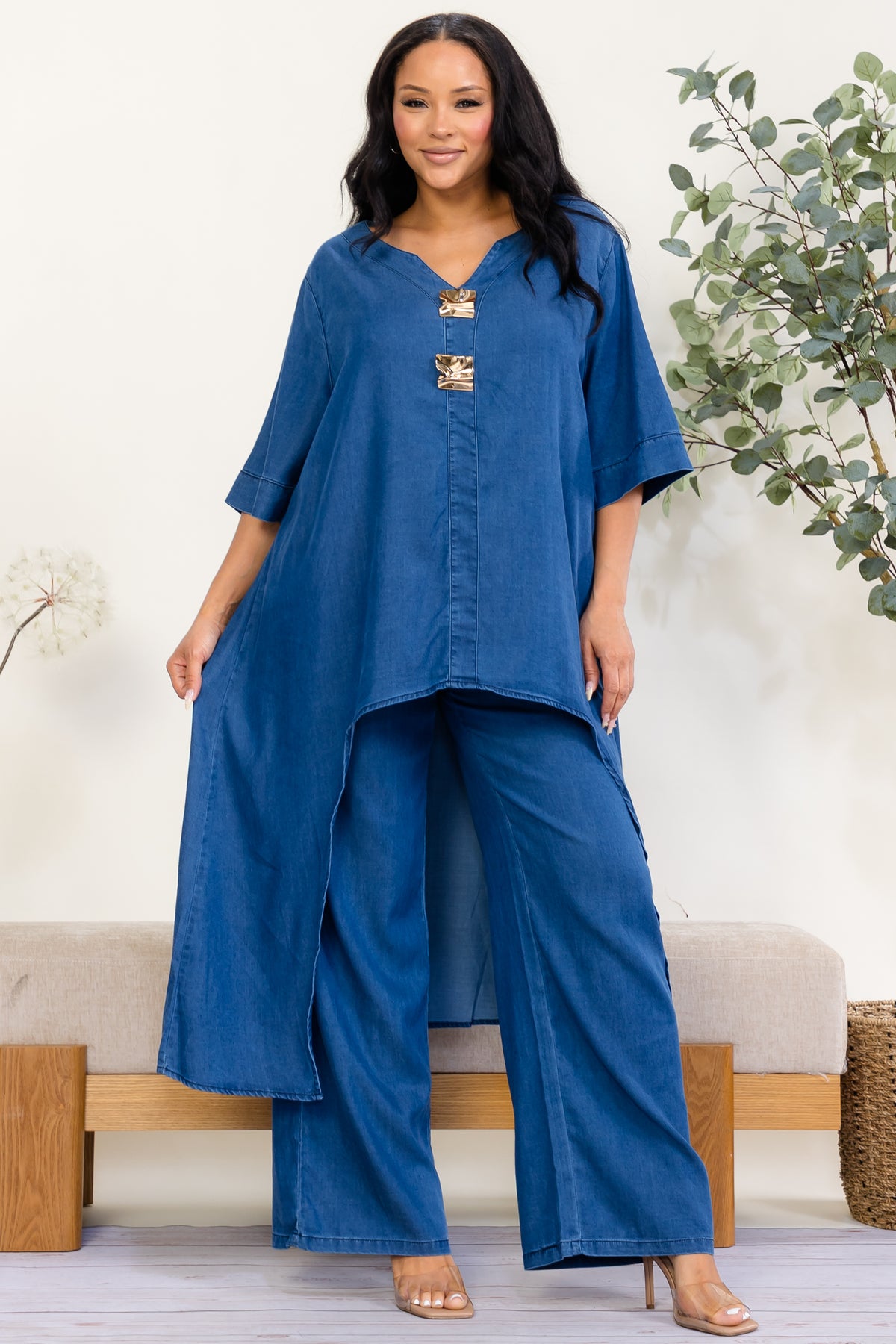 SS616-X - Plus Size Gold Accent High-Low Denim Two-Piece Set