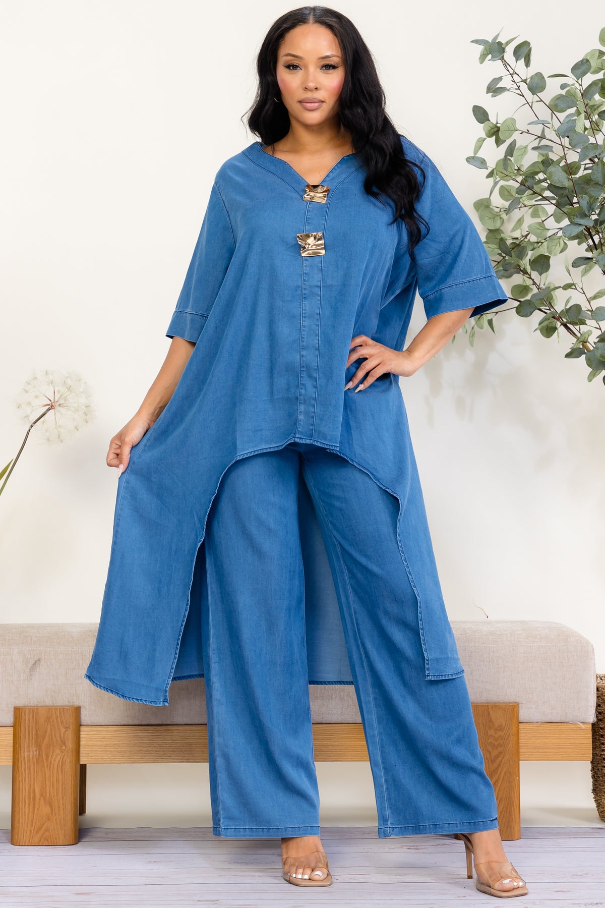 SS616-R - Gold Accent High-Low Denim Two-Piece Set