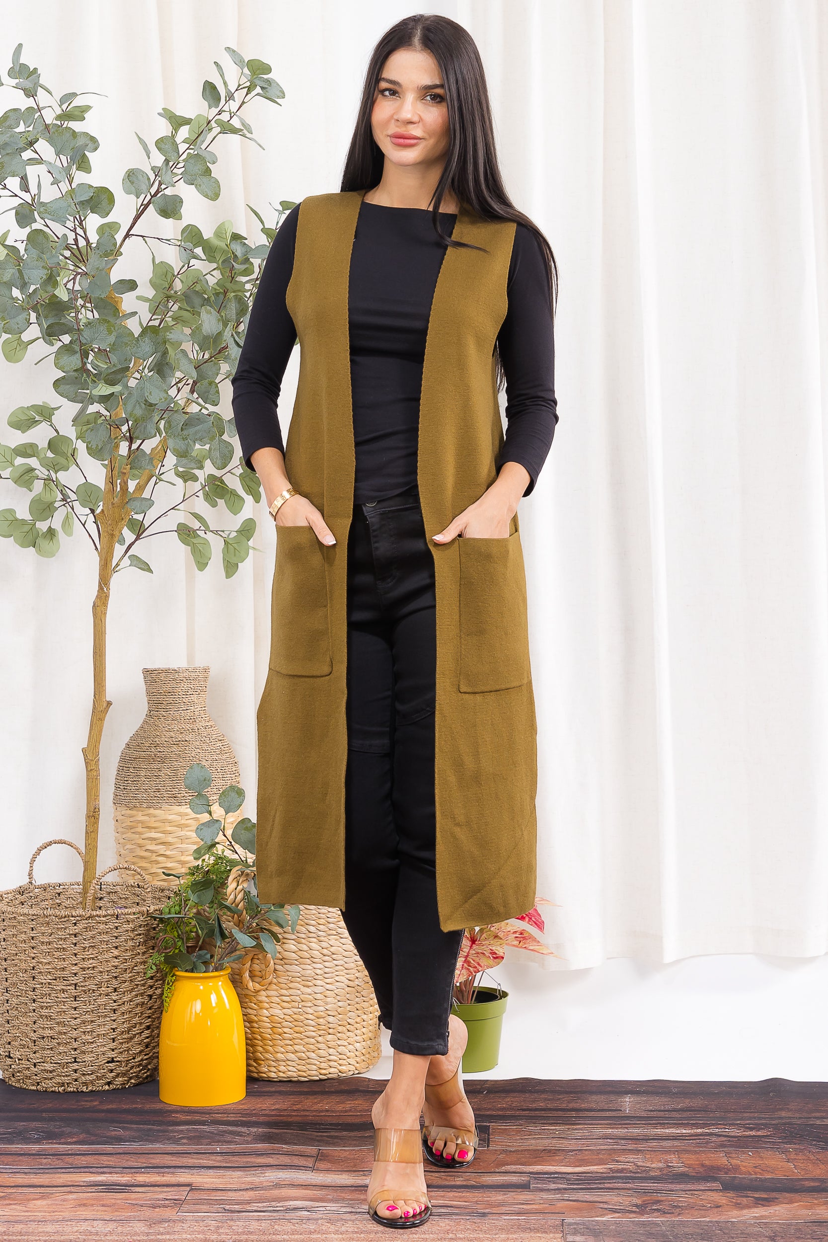 407-2 Open-Front Longline Sleeveless Cardigan