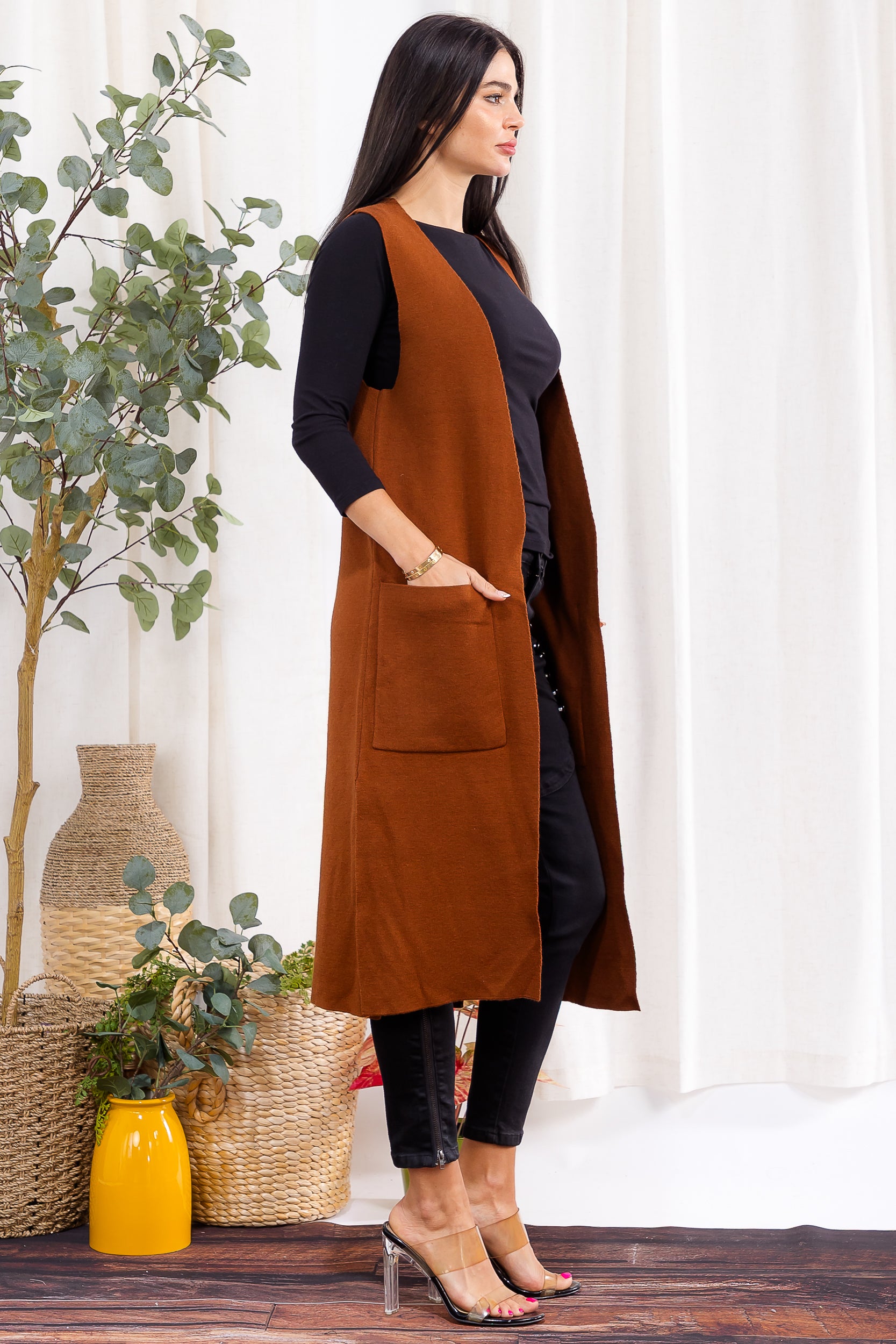 407-2 Open-Front Longline Sleeveless Cardigan