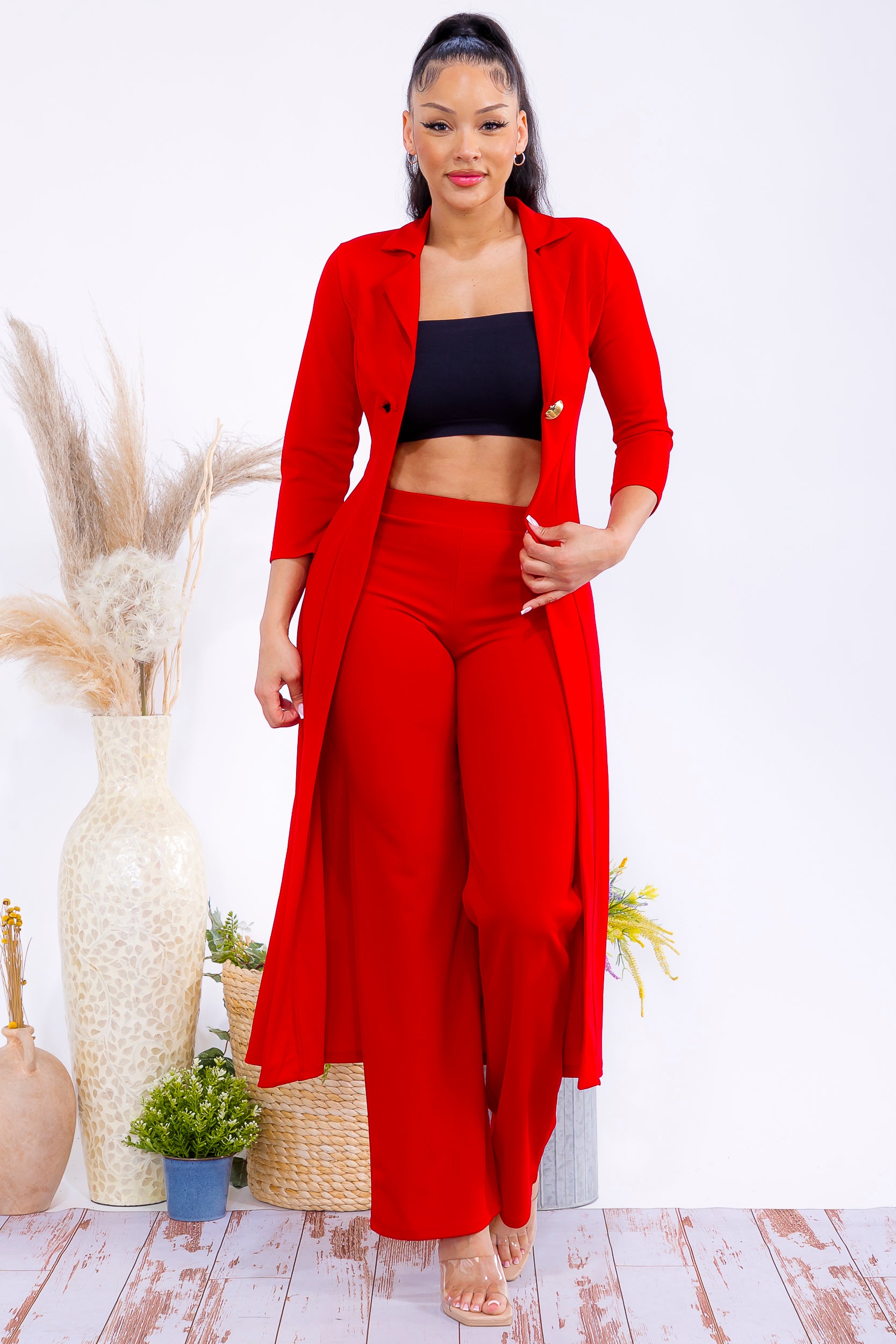 HH785R-S Elegant Longline Blazer & Wide-Leg Pants Set