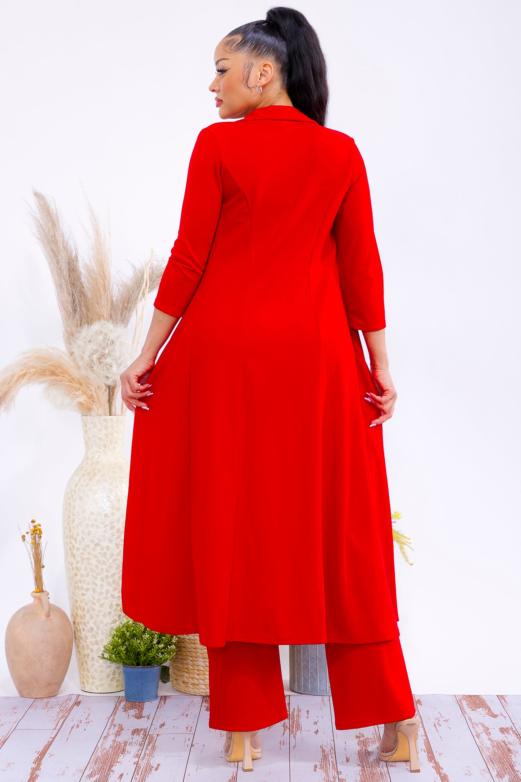 HH785R-S Elegant Longline Blazer & Wide-Leg Pants Set