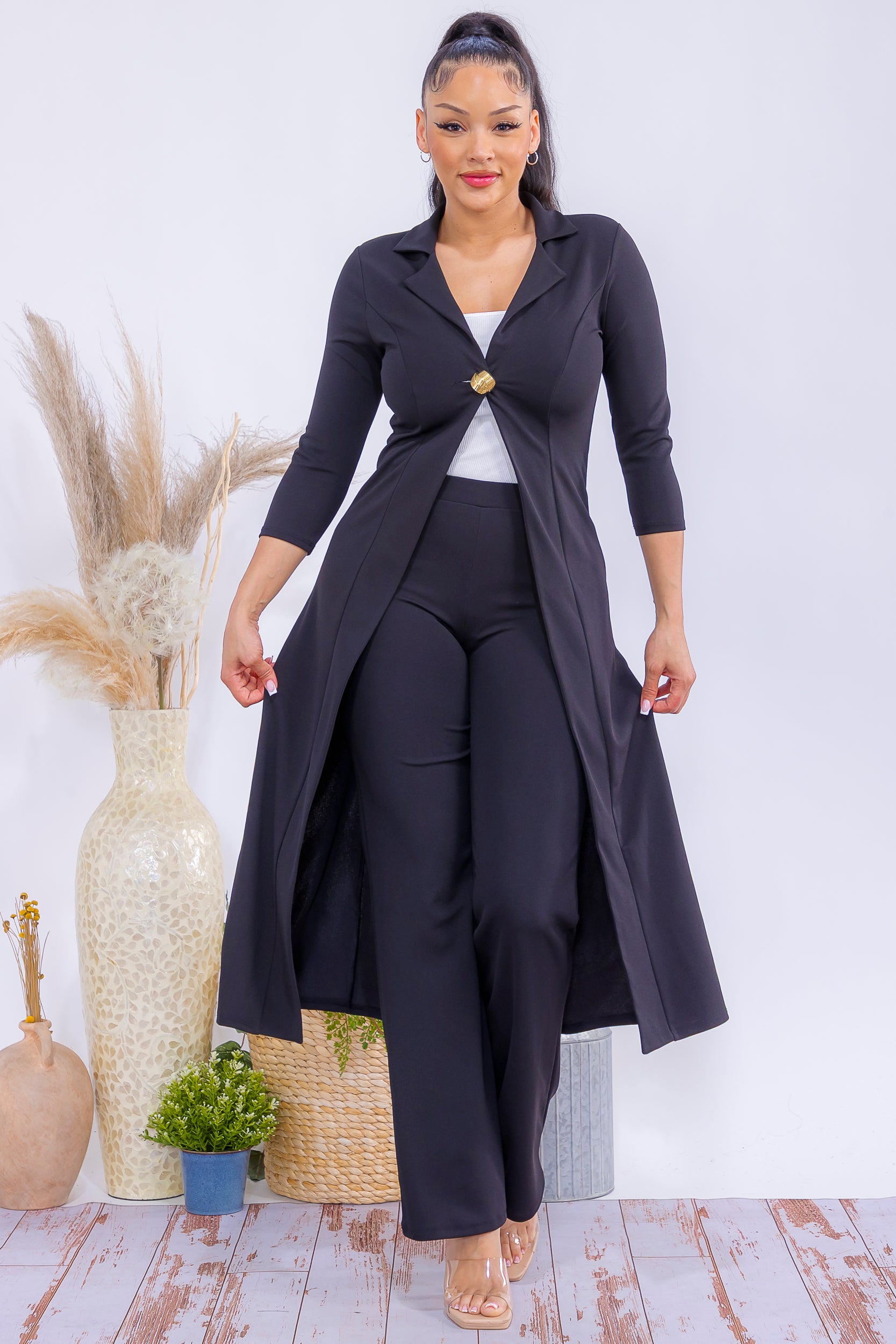HH785R-S Elegant Longline Blazer & Wide-Leg Pants Set