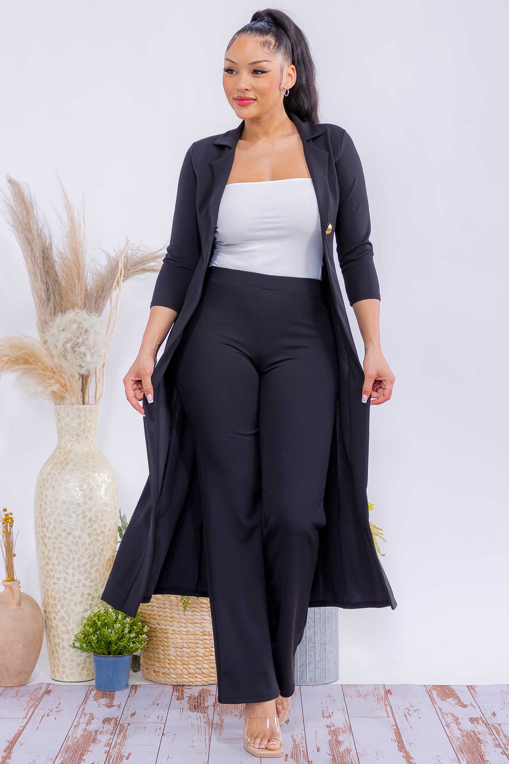 HH785R-S Elegant Longline Blazer & Wide-Leg Pants Set