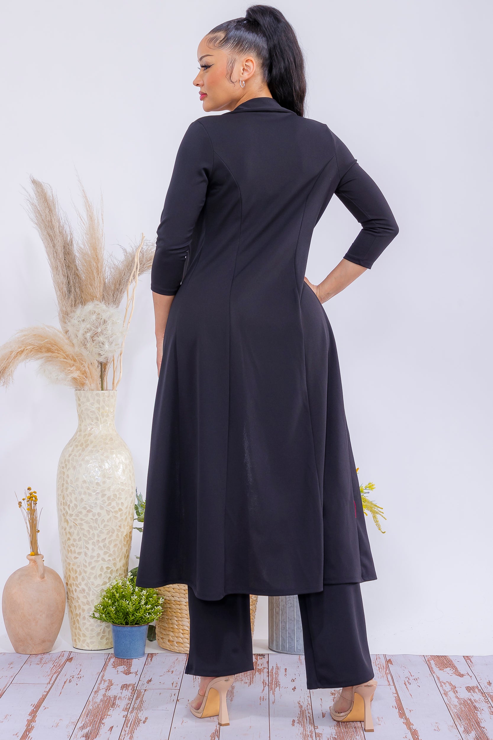 HH785R-S Elegant Longline Blazer & Wide-Leg Pants Set
