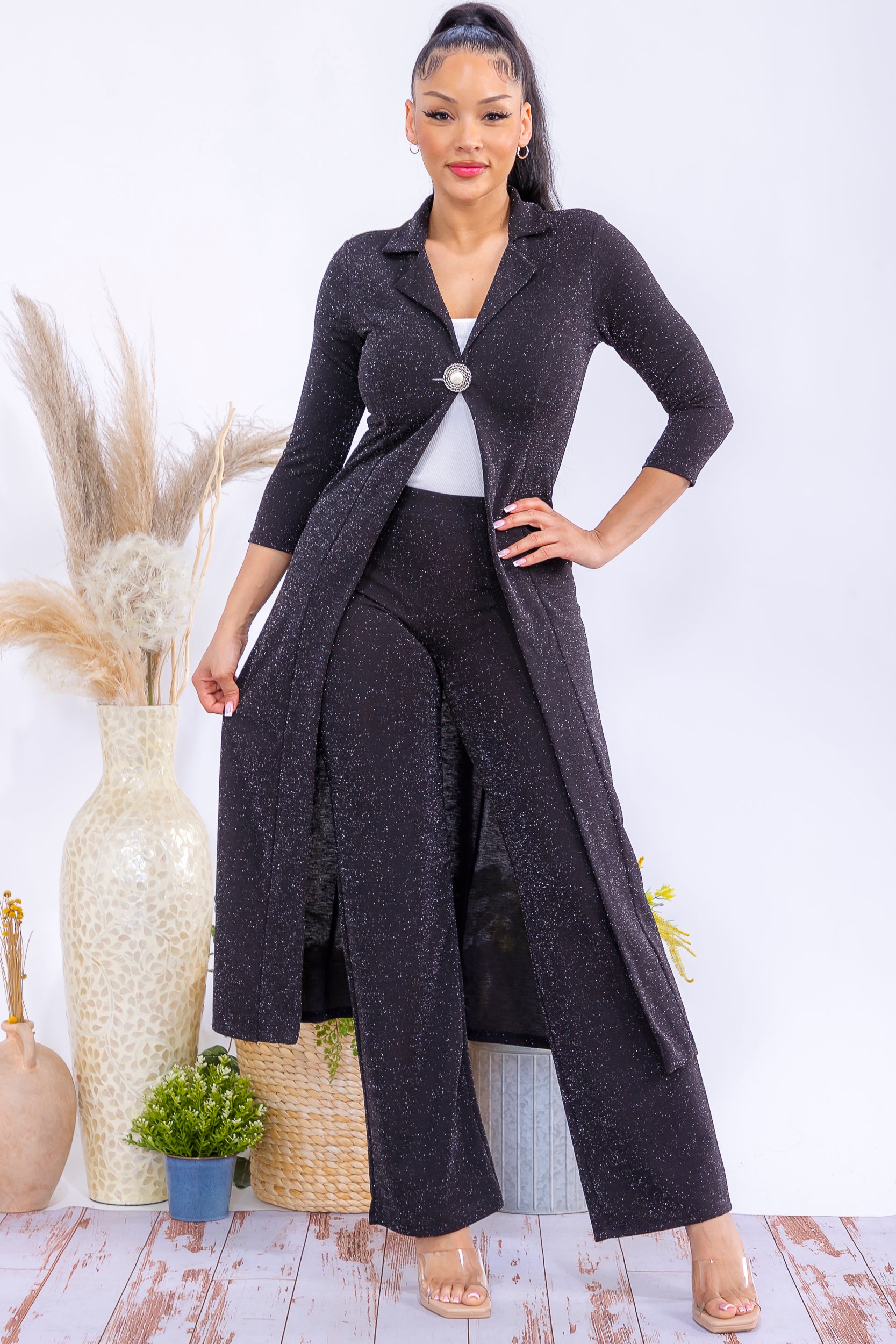 HH785R-P Glitter Black Longline Blazer & Pants Set
