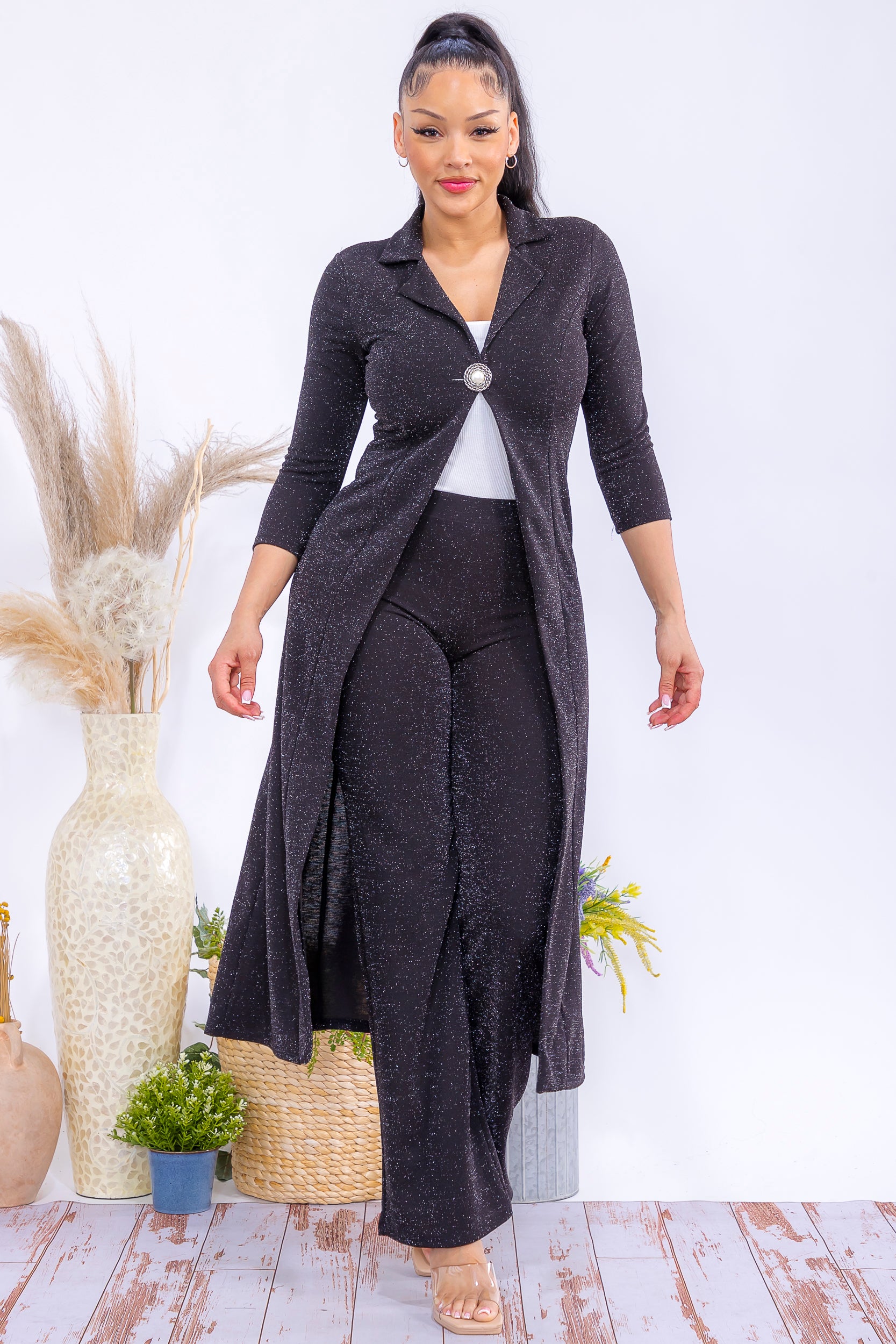 HH785R-P Glitter Black Longline Blazer & Pants Set
