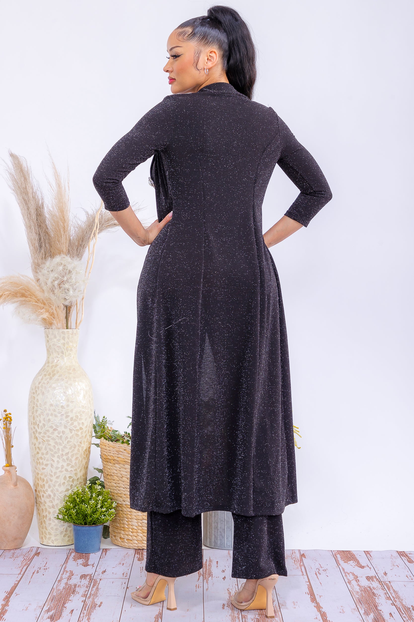 HH785R-P Glitter Black Longline Blazer & Pants Set