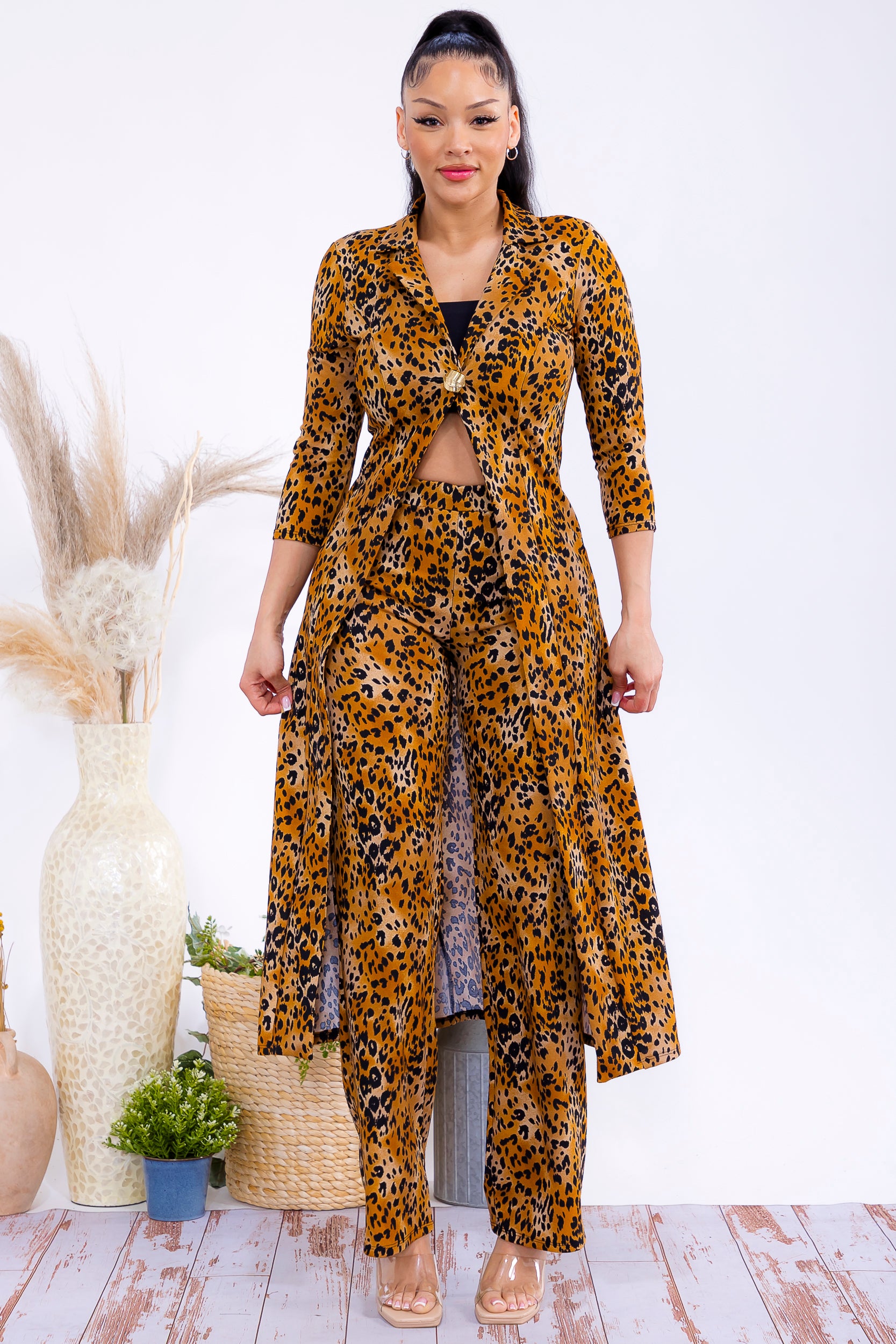 HH785R-LEOPARD Leopard  Blazer & Wide-Leg Pants Two-Piece Set