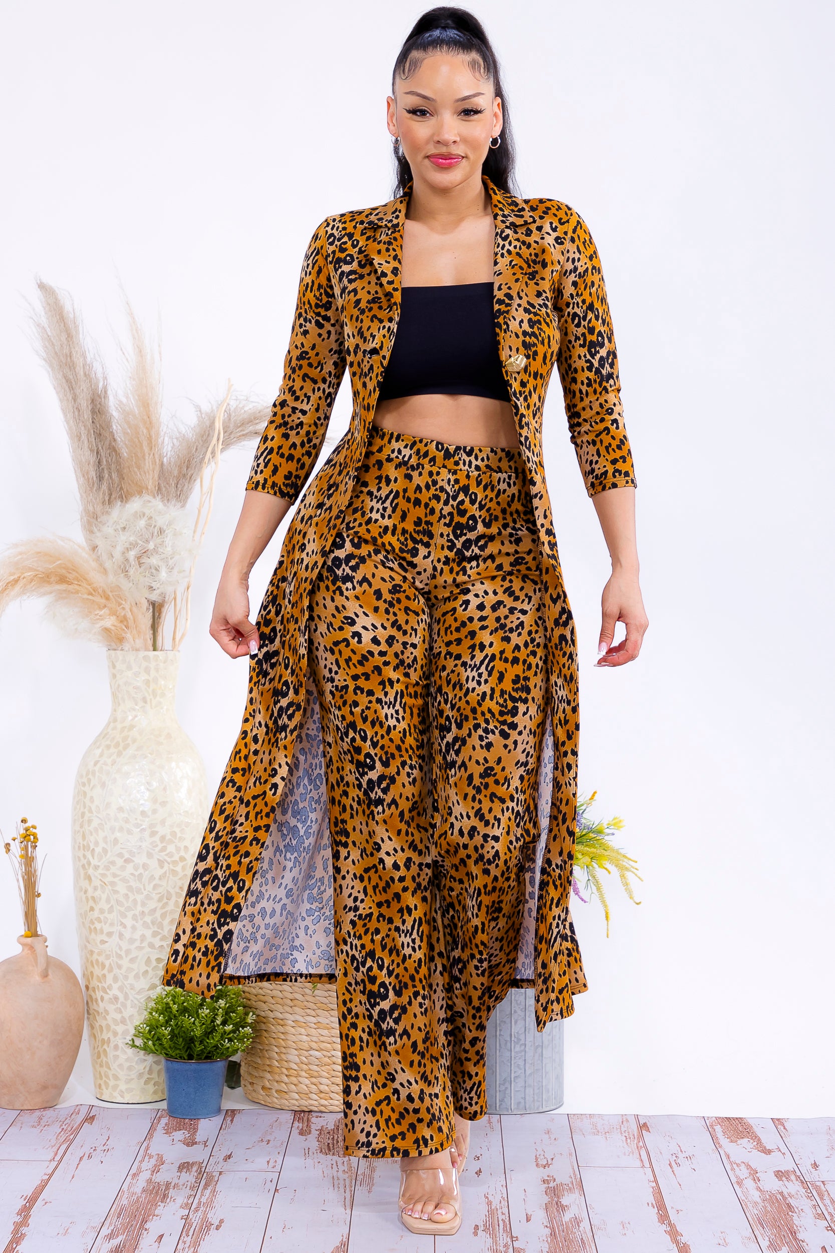 HH785R-LEOPARD Leopard  Blazer & Wide-Leg Pants Two-Piece Set