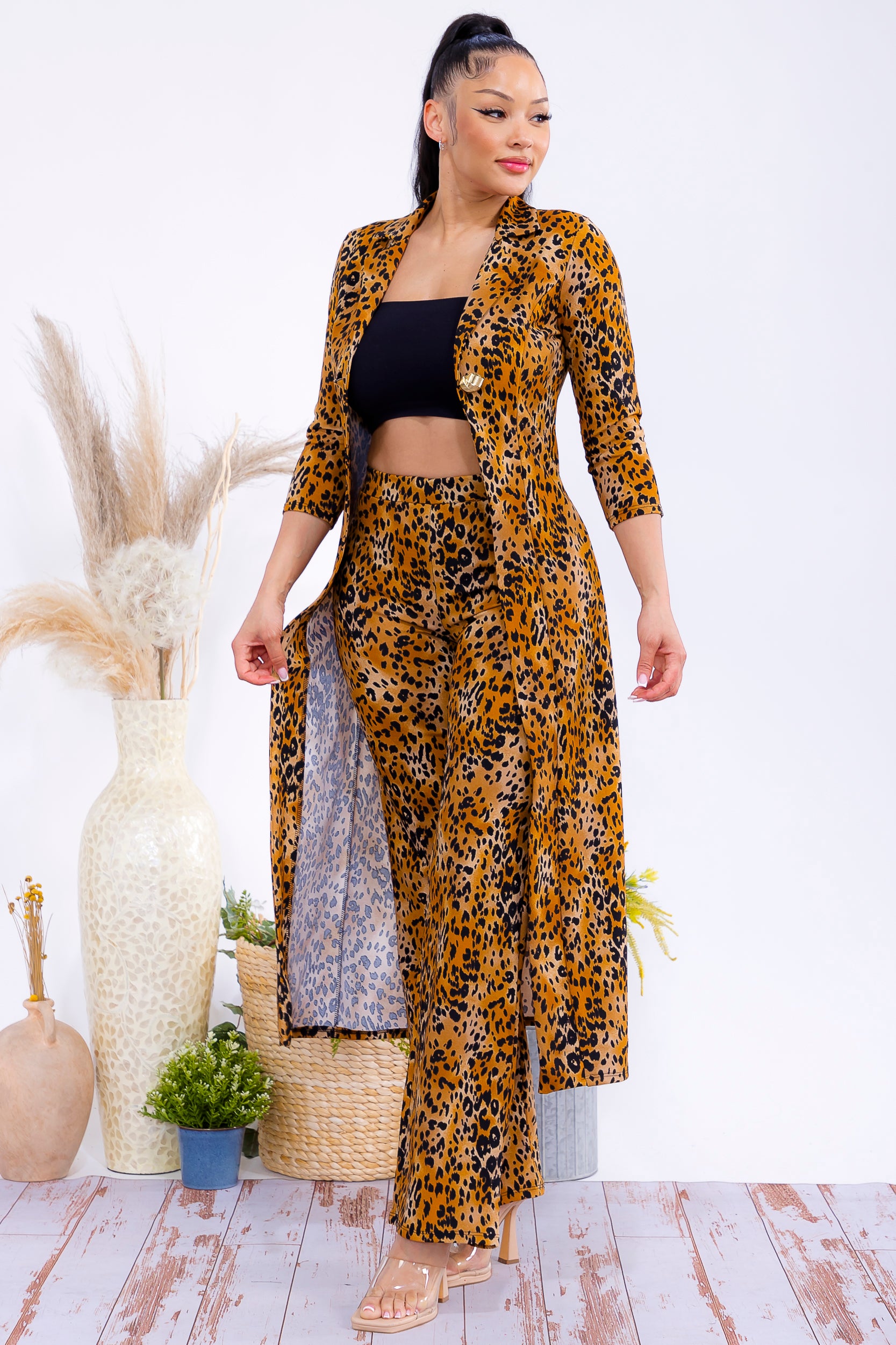 HH785R-LEOPARD Leopard  Blazer & Wide-Leg Pants Two-Piece Set