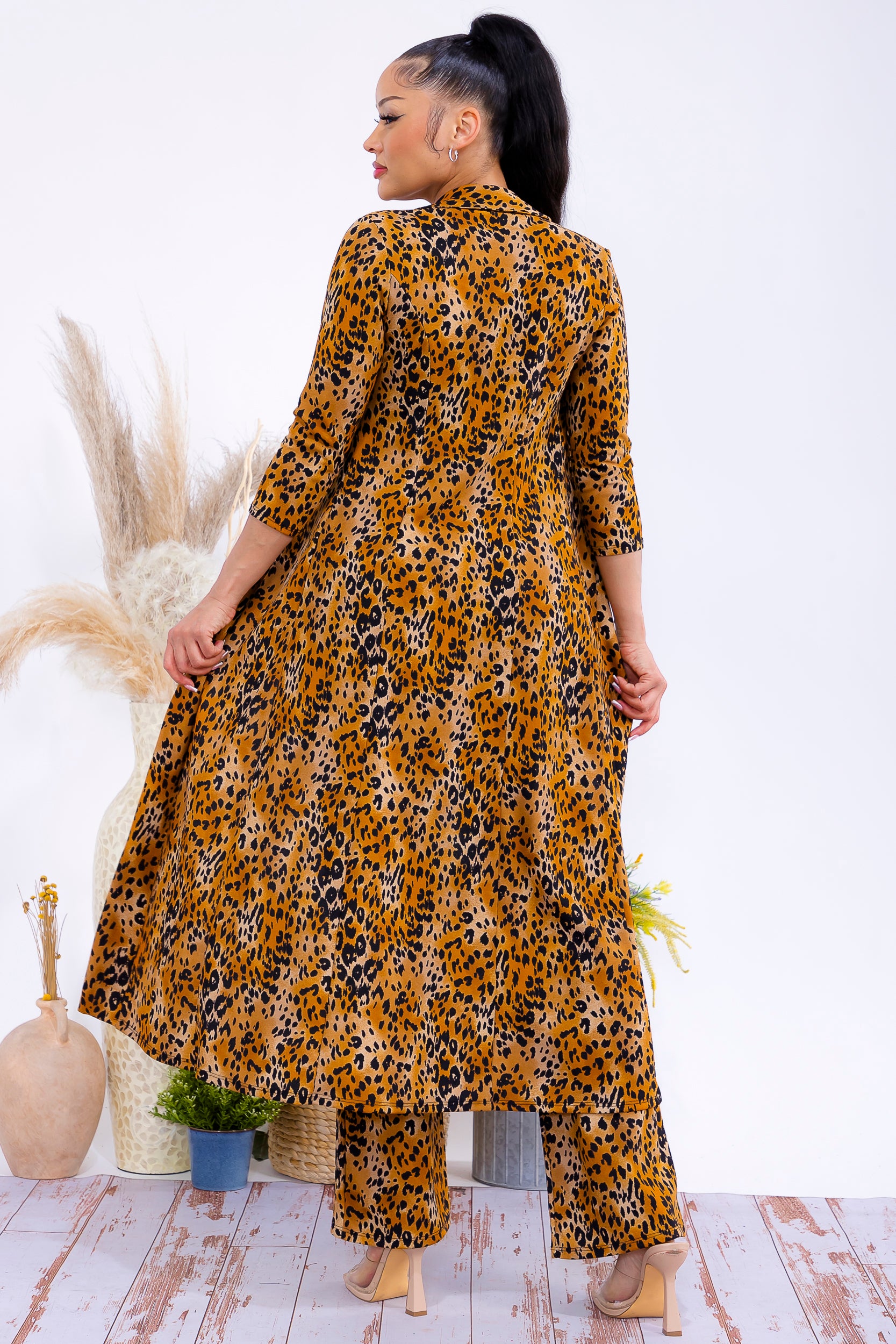 HH785R-LEOPARD Leopard  Blazer & Wide-Leg Pants Two-Piece Set
