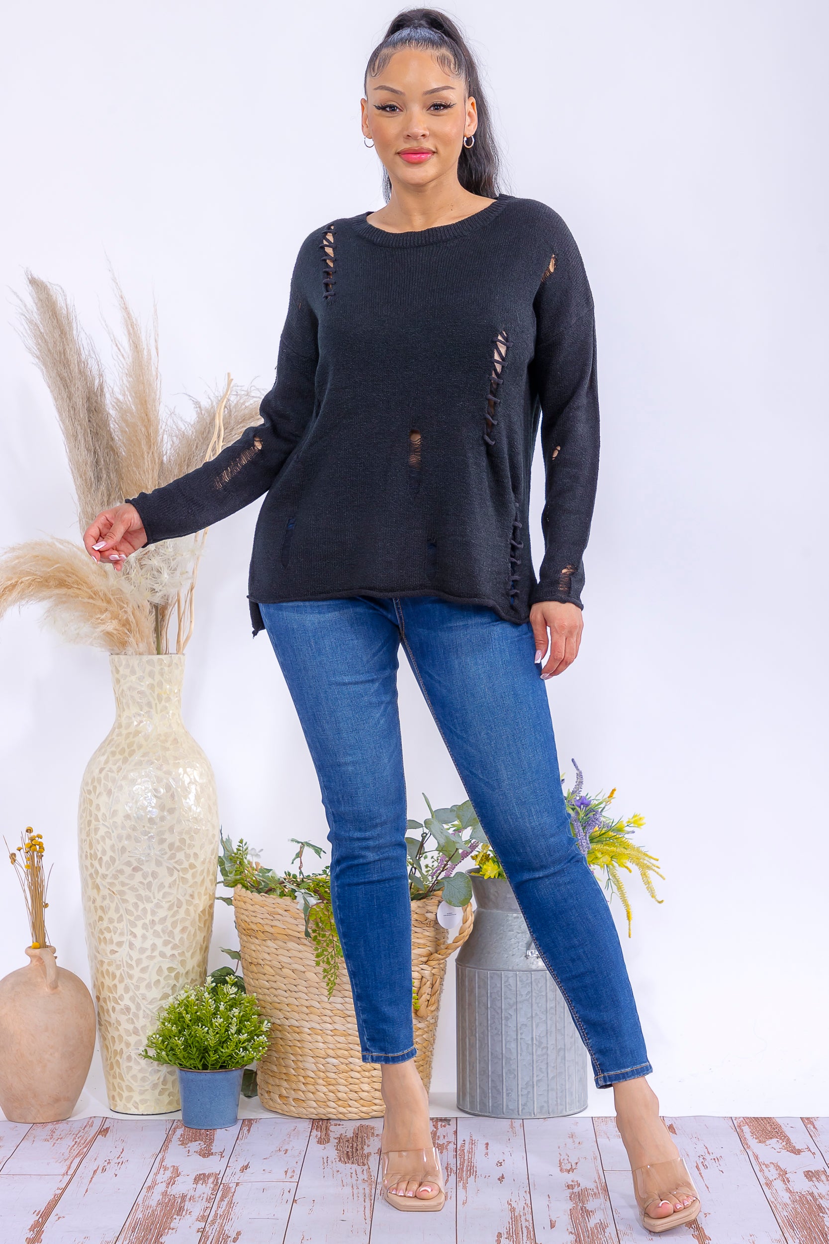 FM301 Distressed Knit Pullover Sweater
