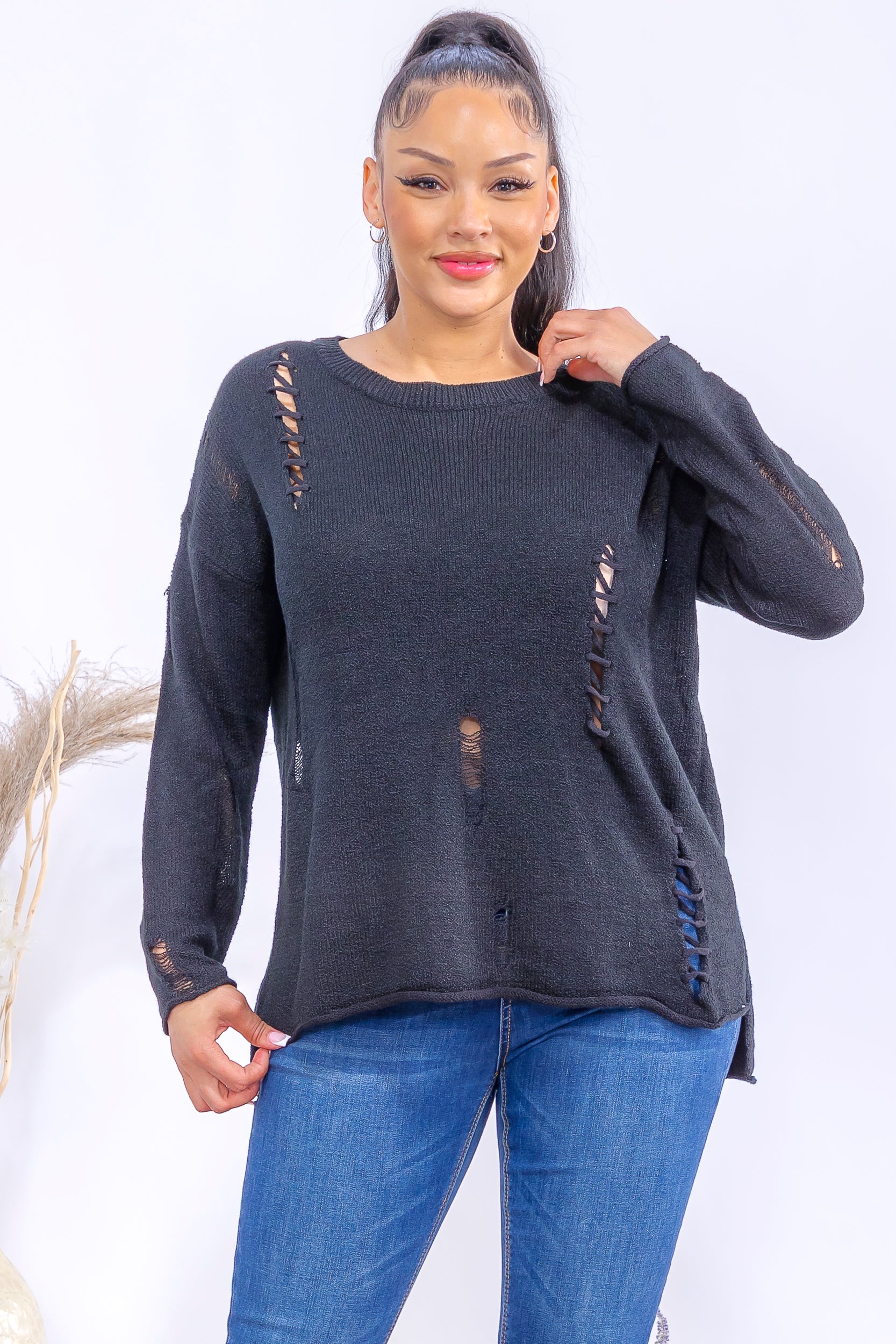 FM301 Distressed Knit Pullover Sweater