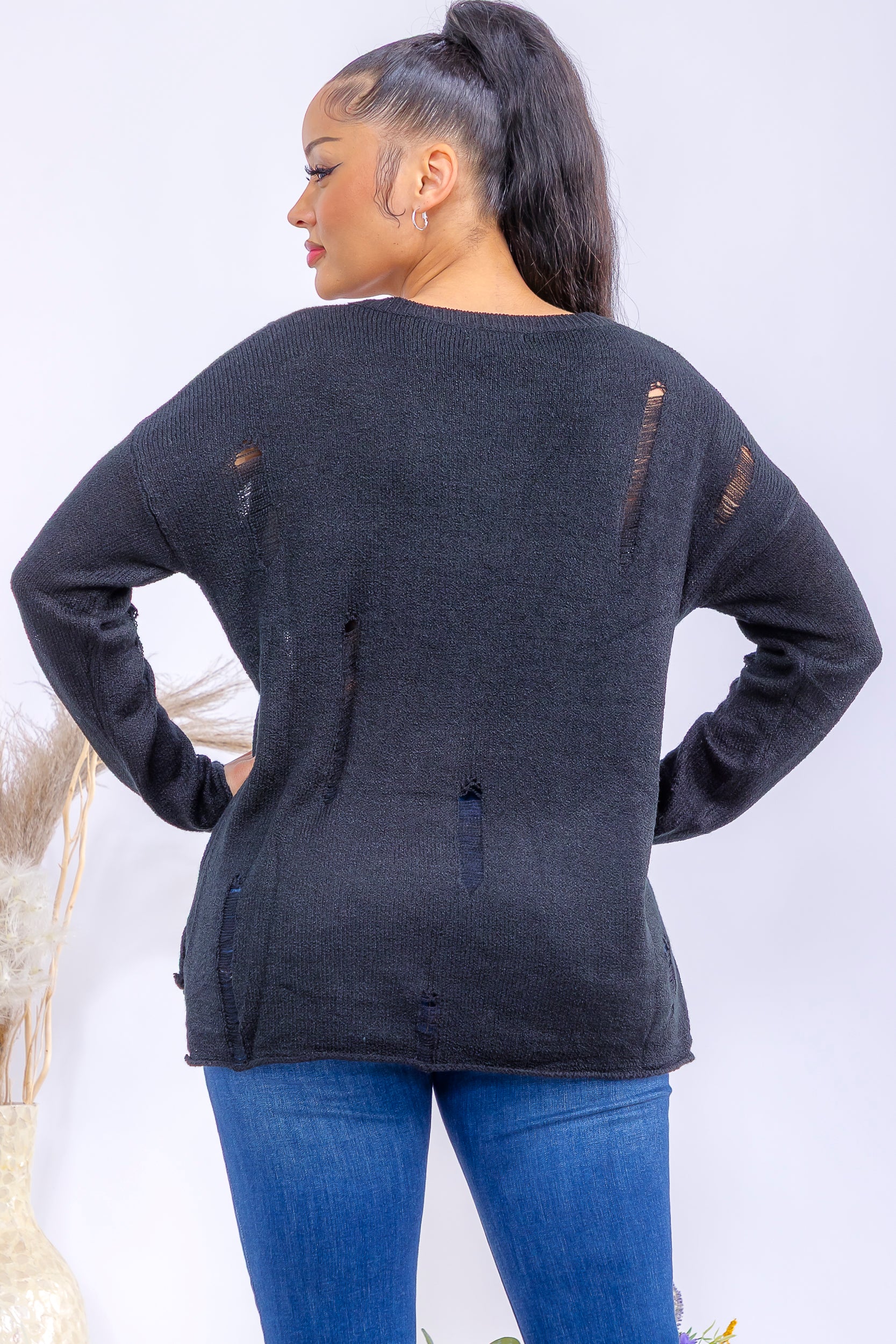 FM301 Distressed Knit Pullover Sweater