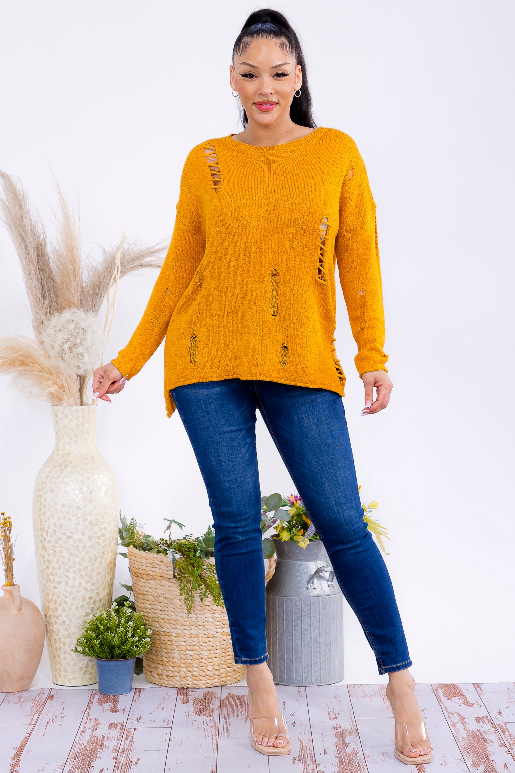 FM301 Distressed Knit Pullover Sweater