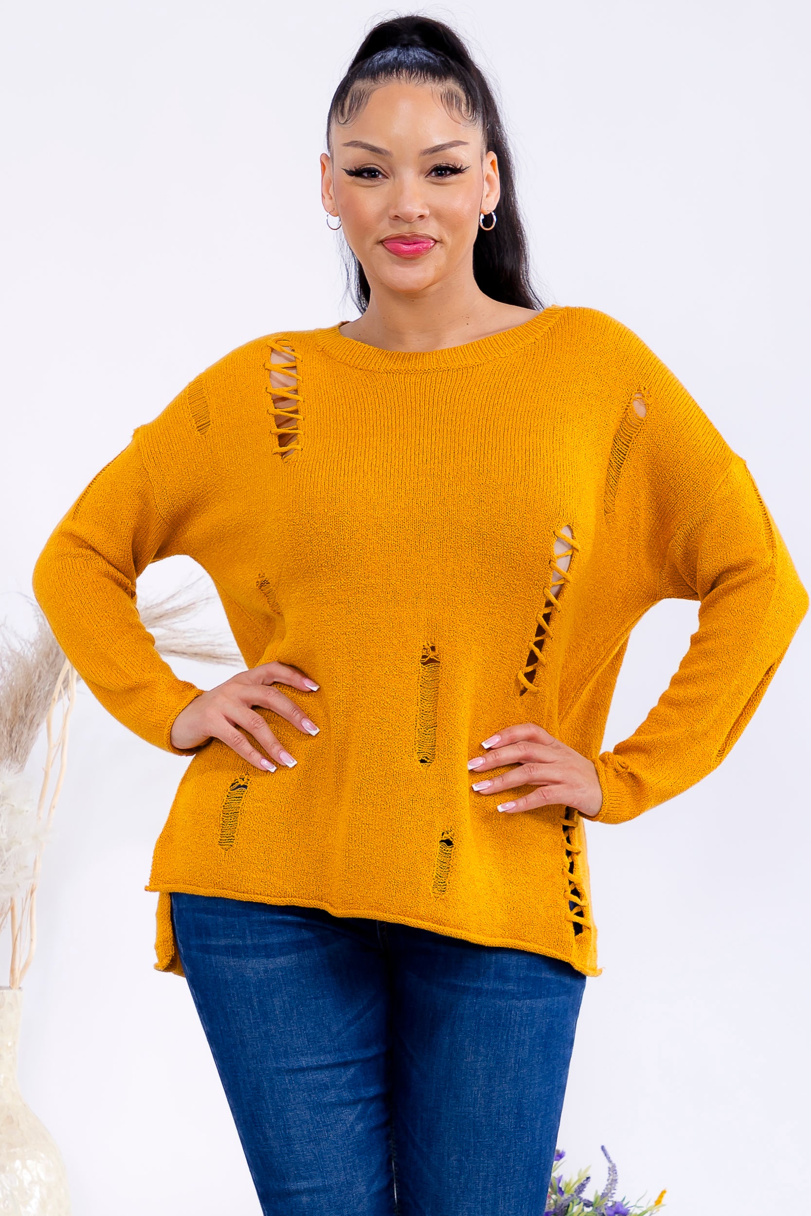 FM301 Distressed Knit Pullover Sweater