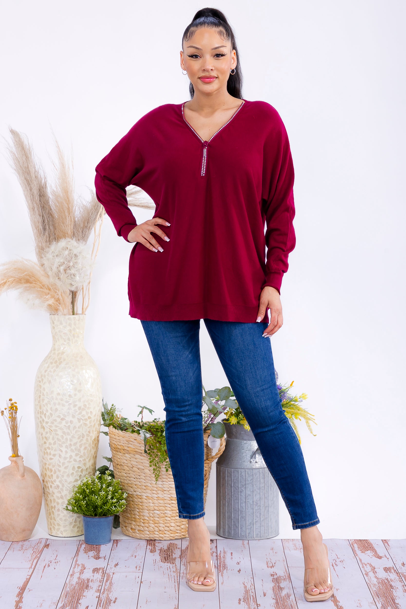 FM300 Zip Front Rhinestone Knit Sweater