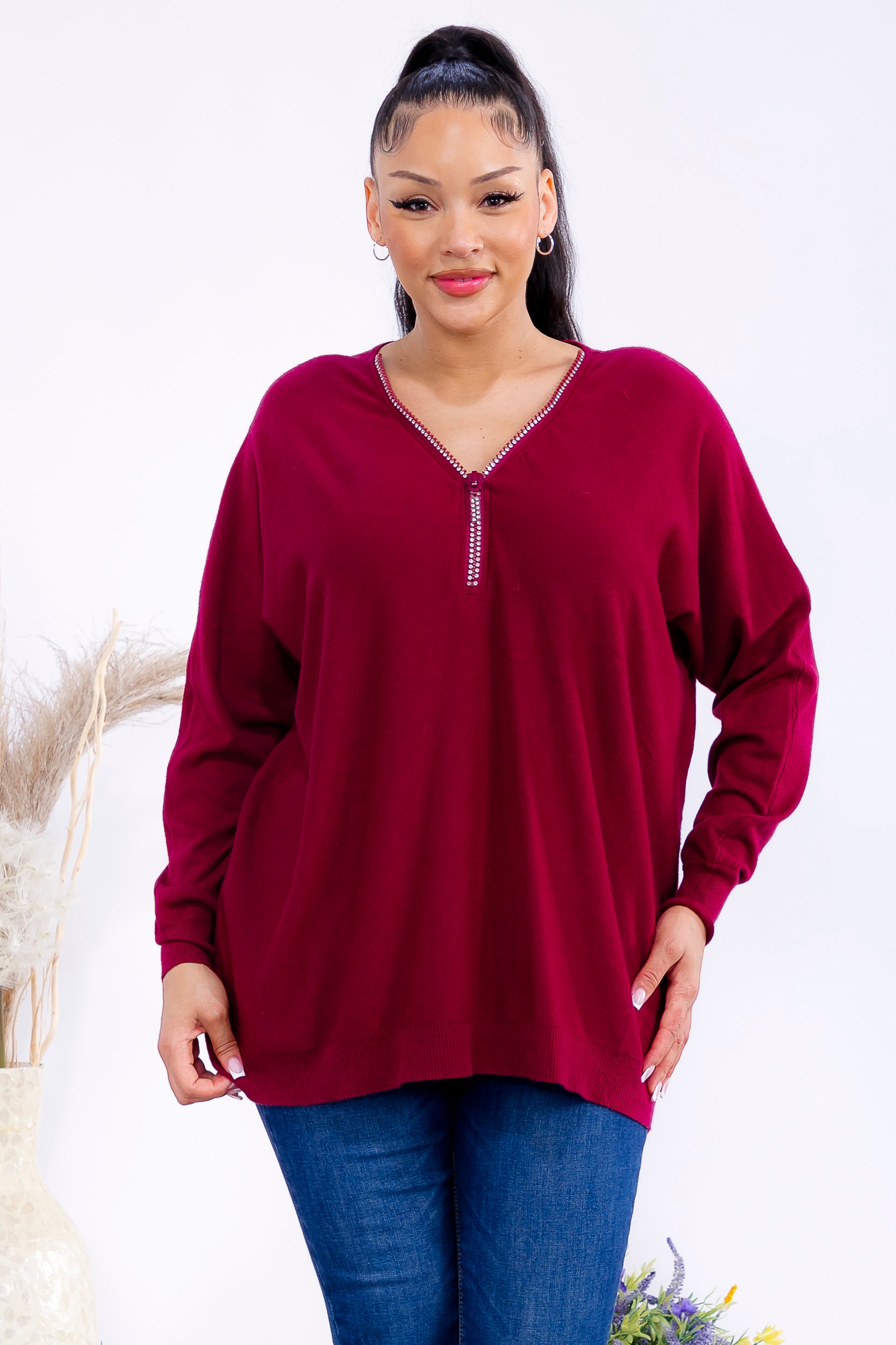 FM300 Zip Front Rhinestone Knit Sweater