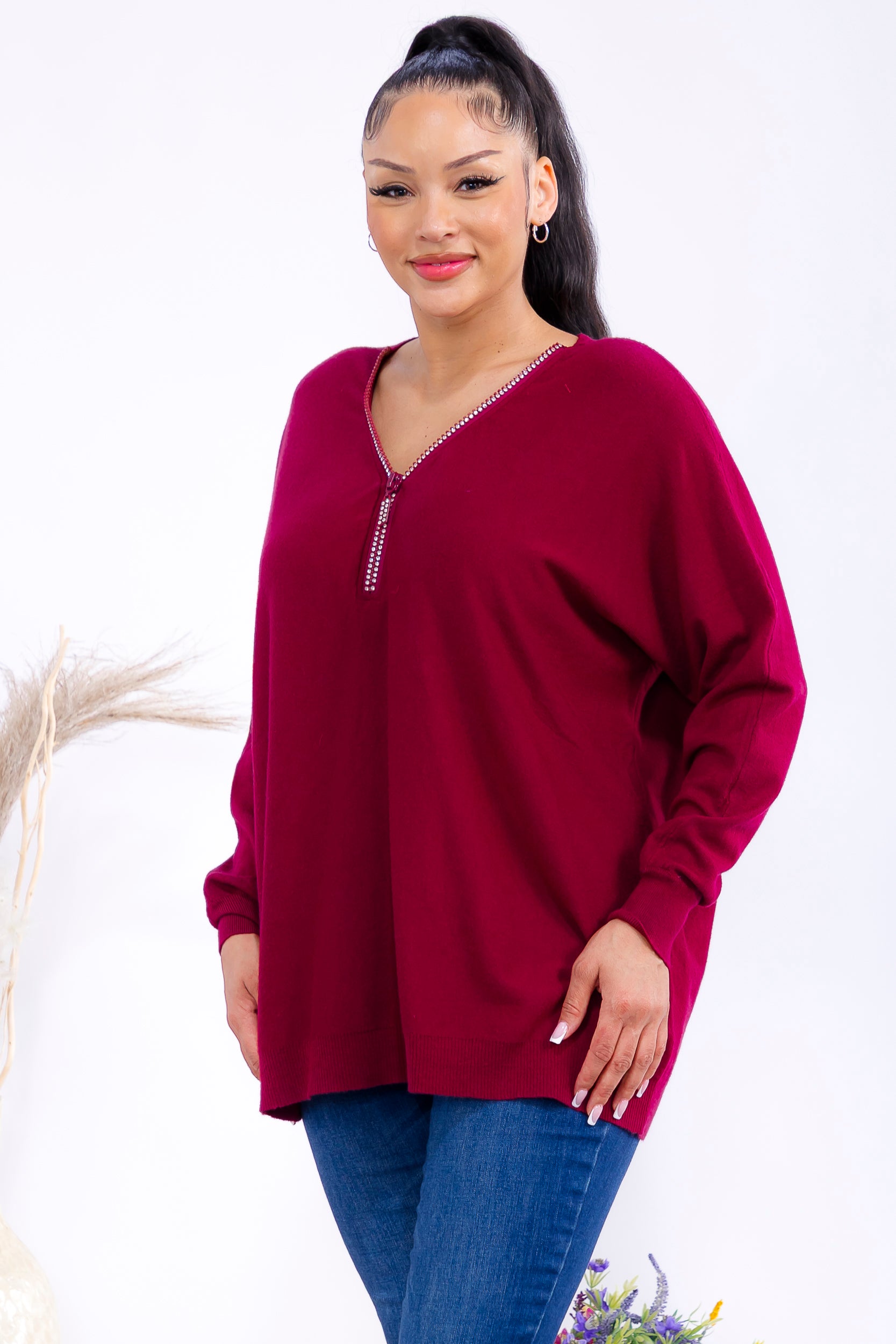 FM300 Zip Front Rhinestone Knit Sweater