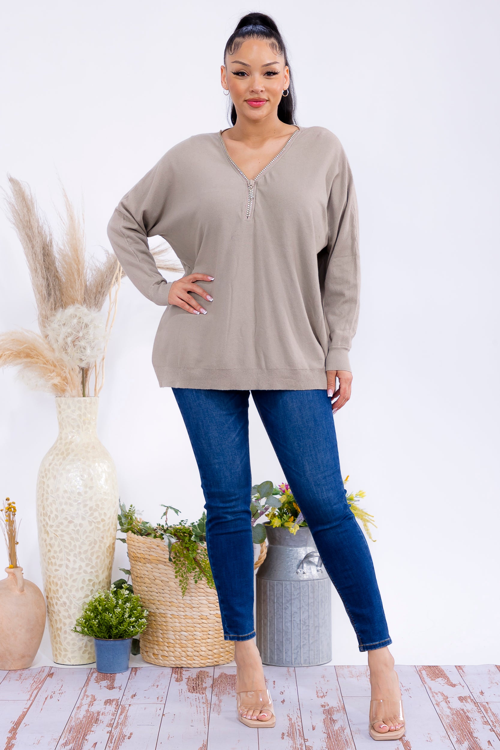 FM300 Zip Front Rhinestone Knit Sweater