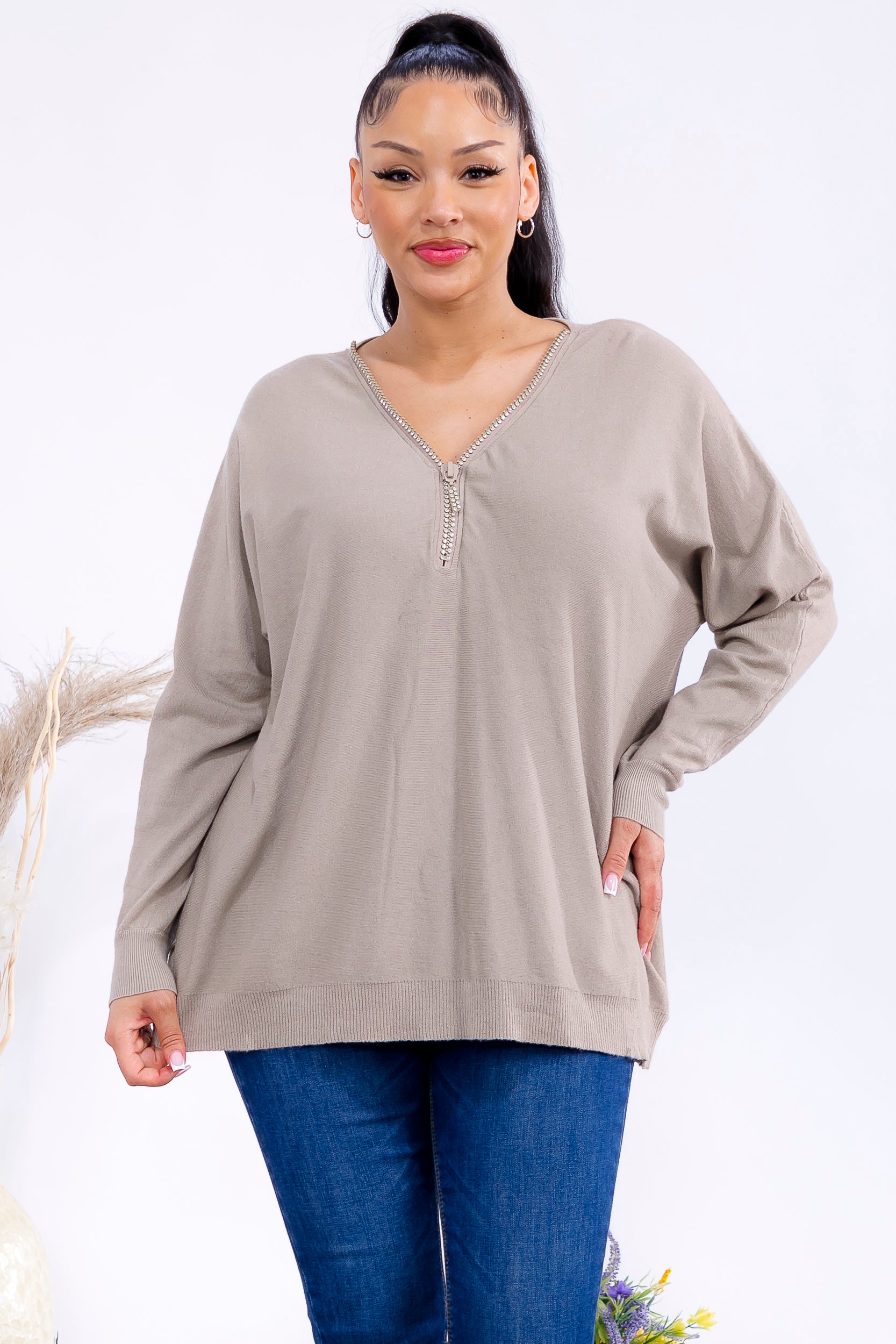 FM300 Zip Front Rhinestone Knit Sweater