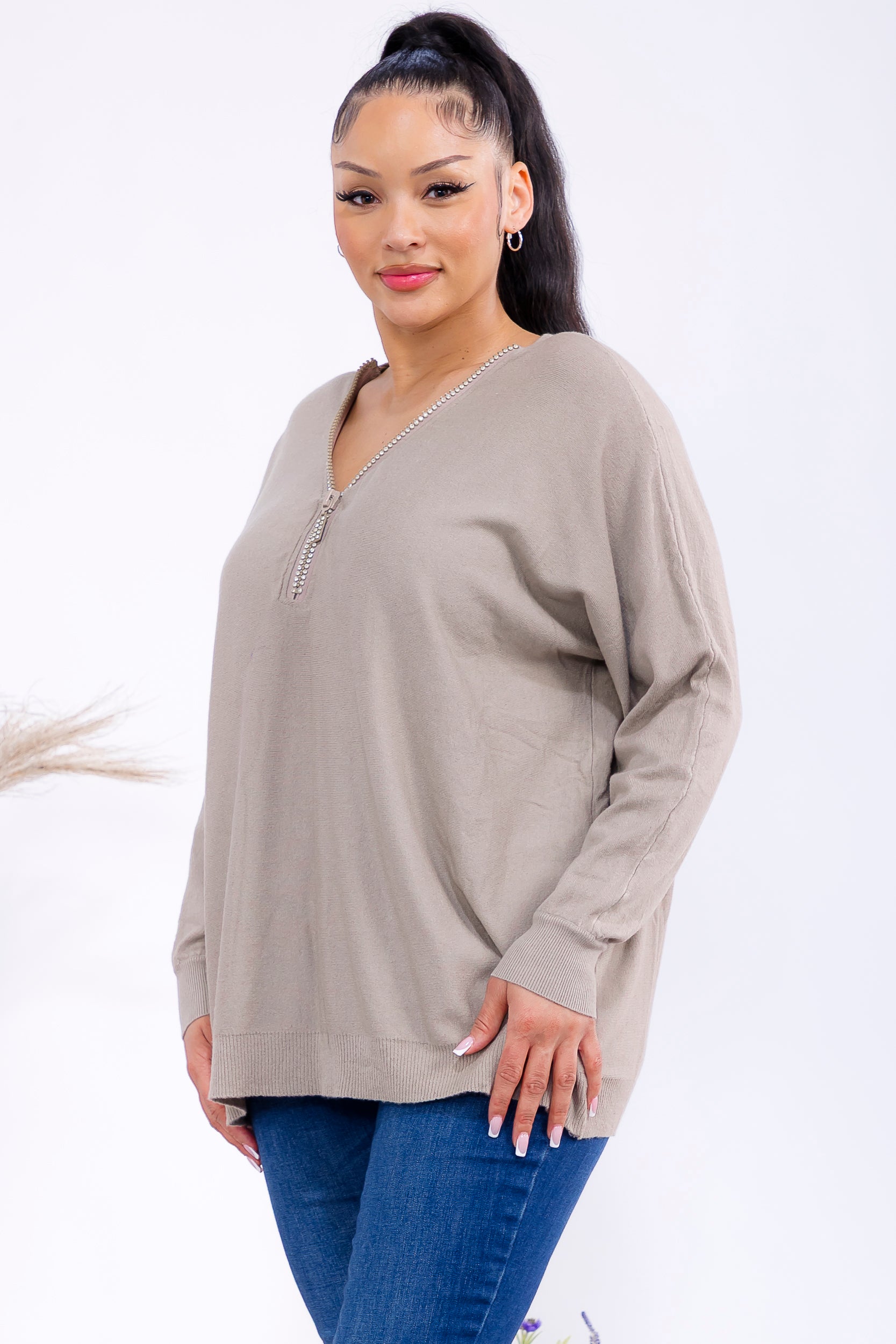 FM300 Zip Front Rhinestone Knit Sweater