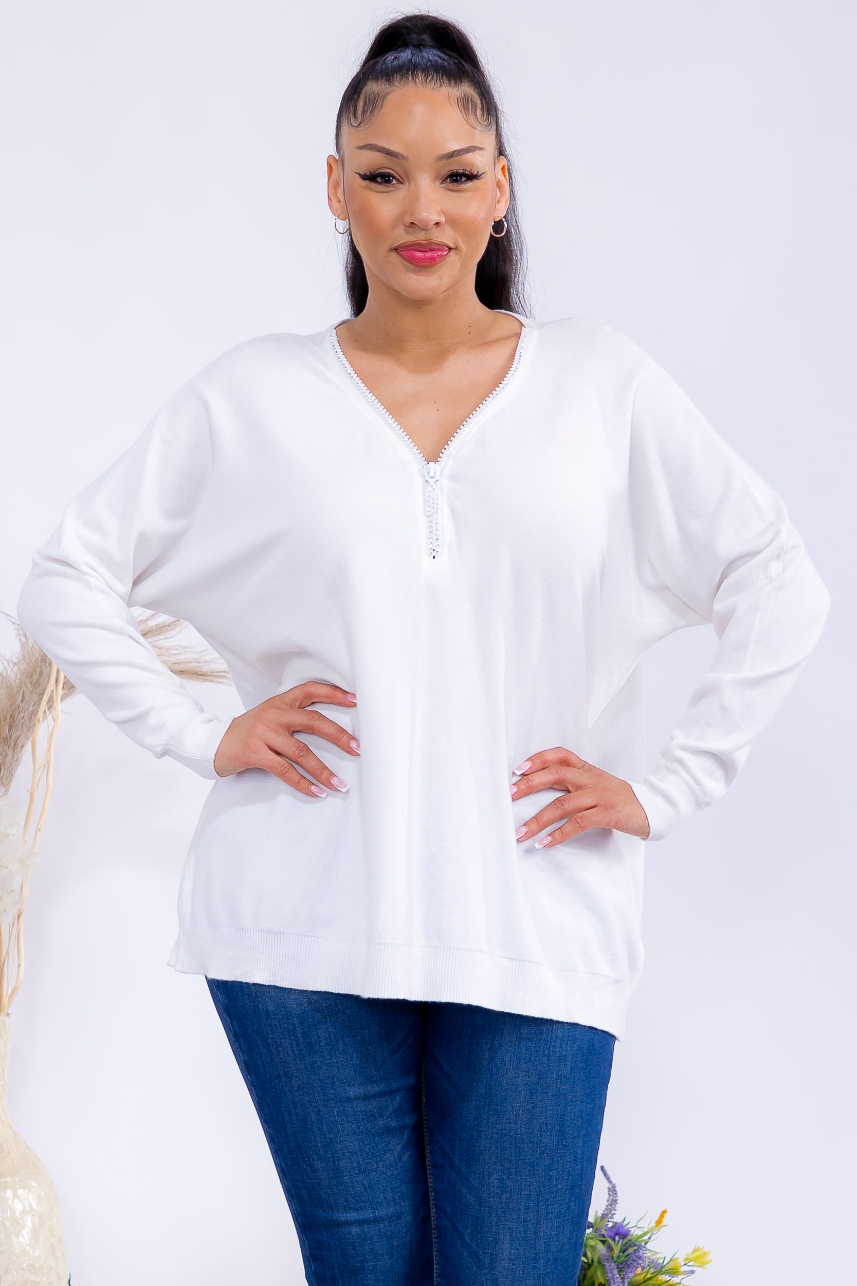 FM300 Zip Front Rhinestone Knit Sweater