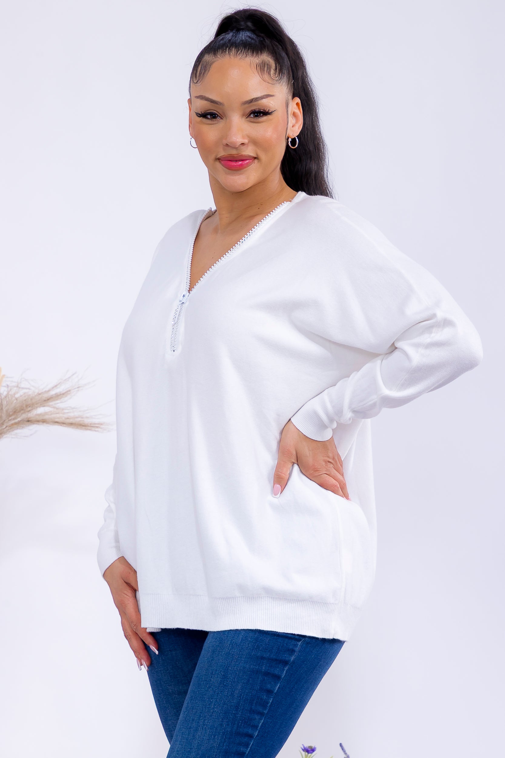 FM300 Zip Front Rhinestone Knit Sweater