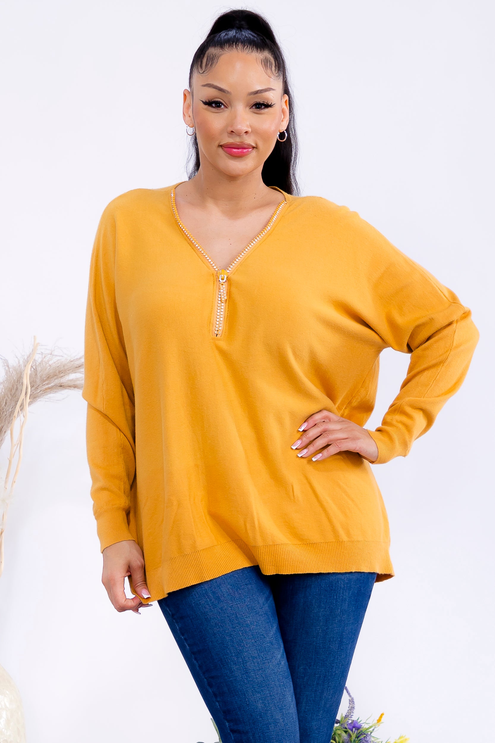 FM300 Zip Front Rhinestone Knit Sweater