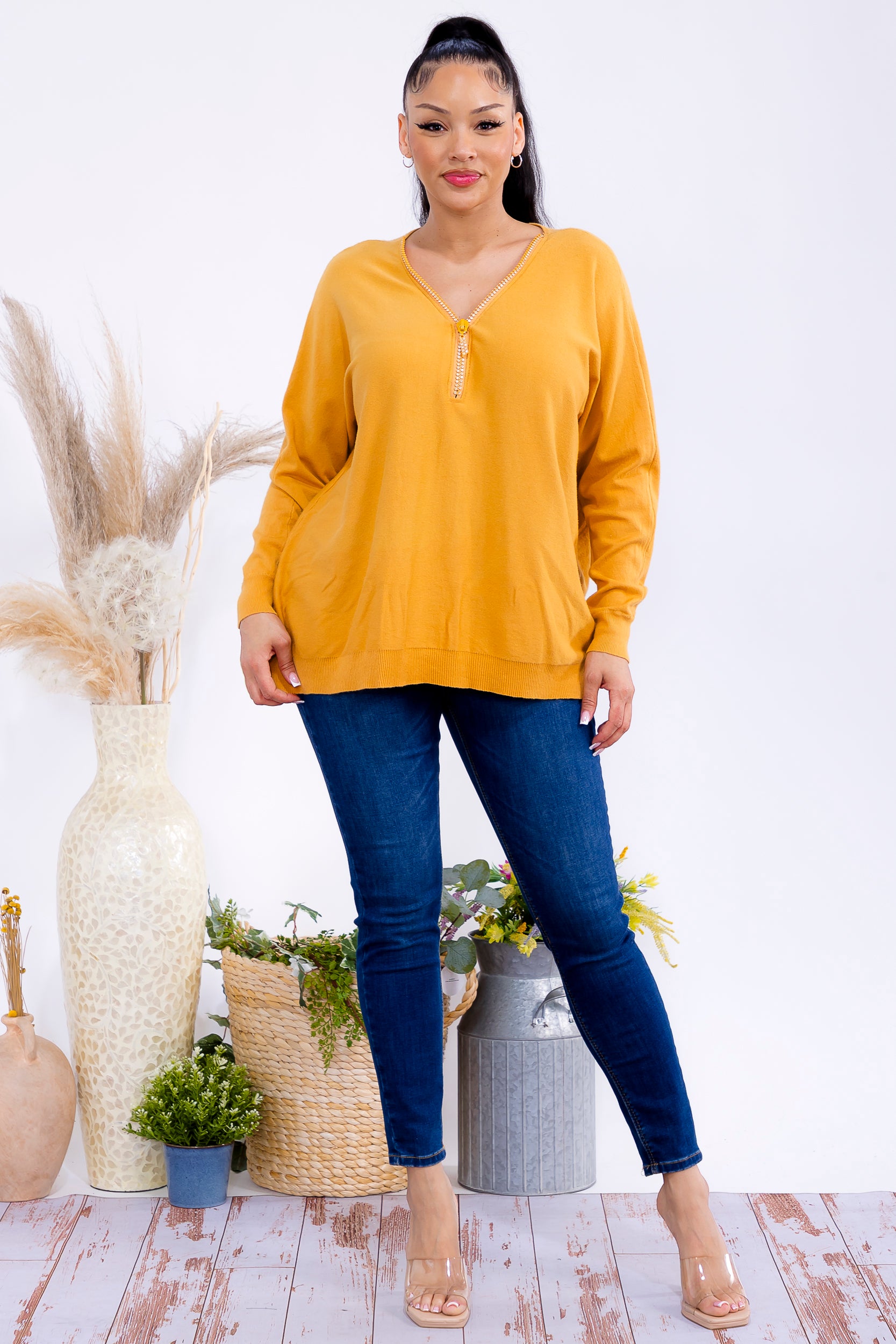 FM300 Zip Front Rhinestone Knit Sweater
