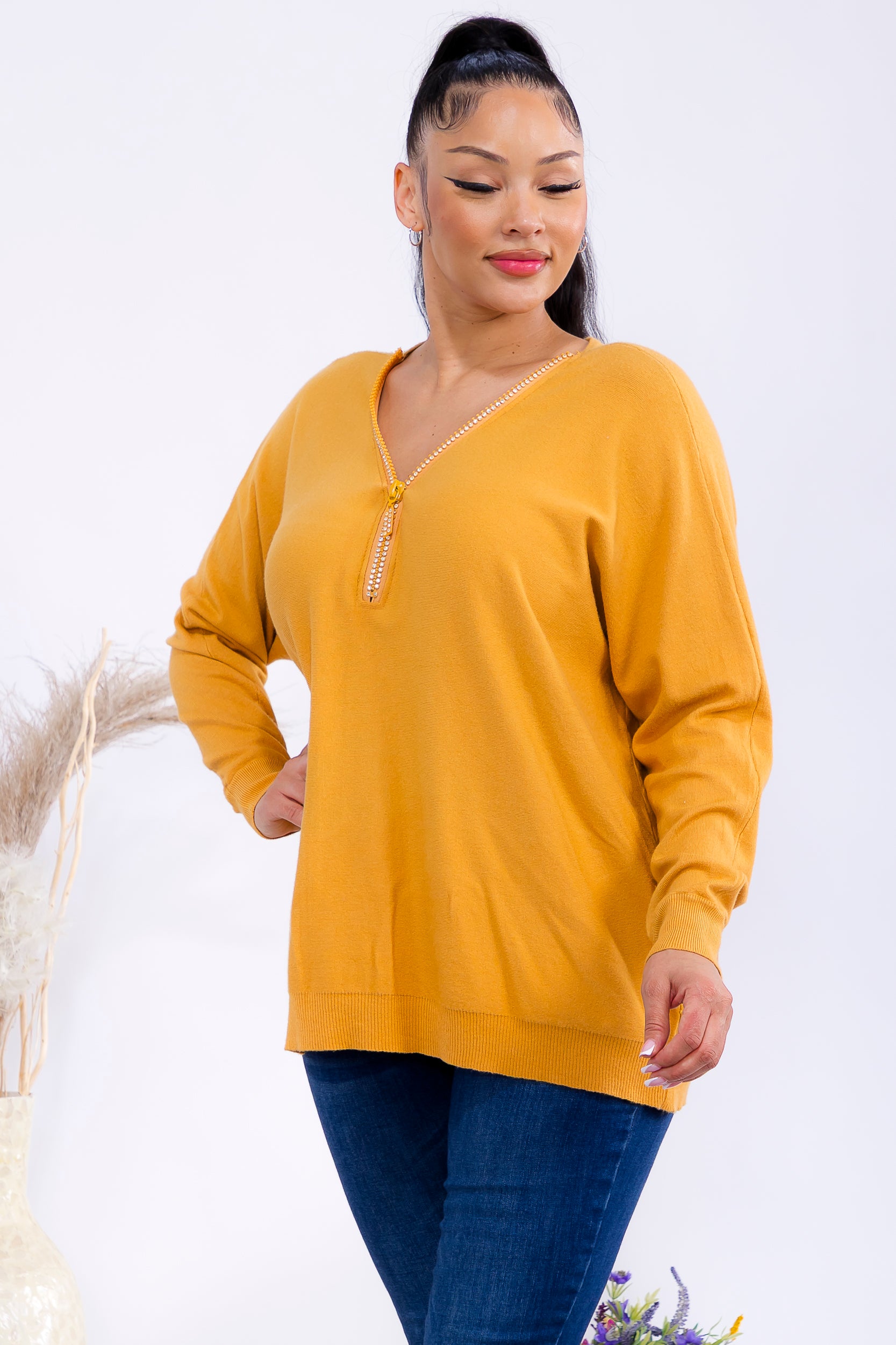 FM300 Zip Front Rhinestone Knit Sweater