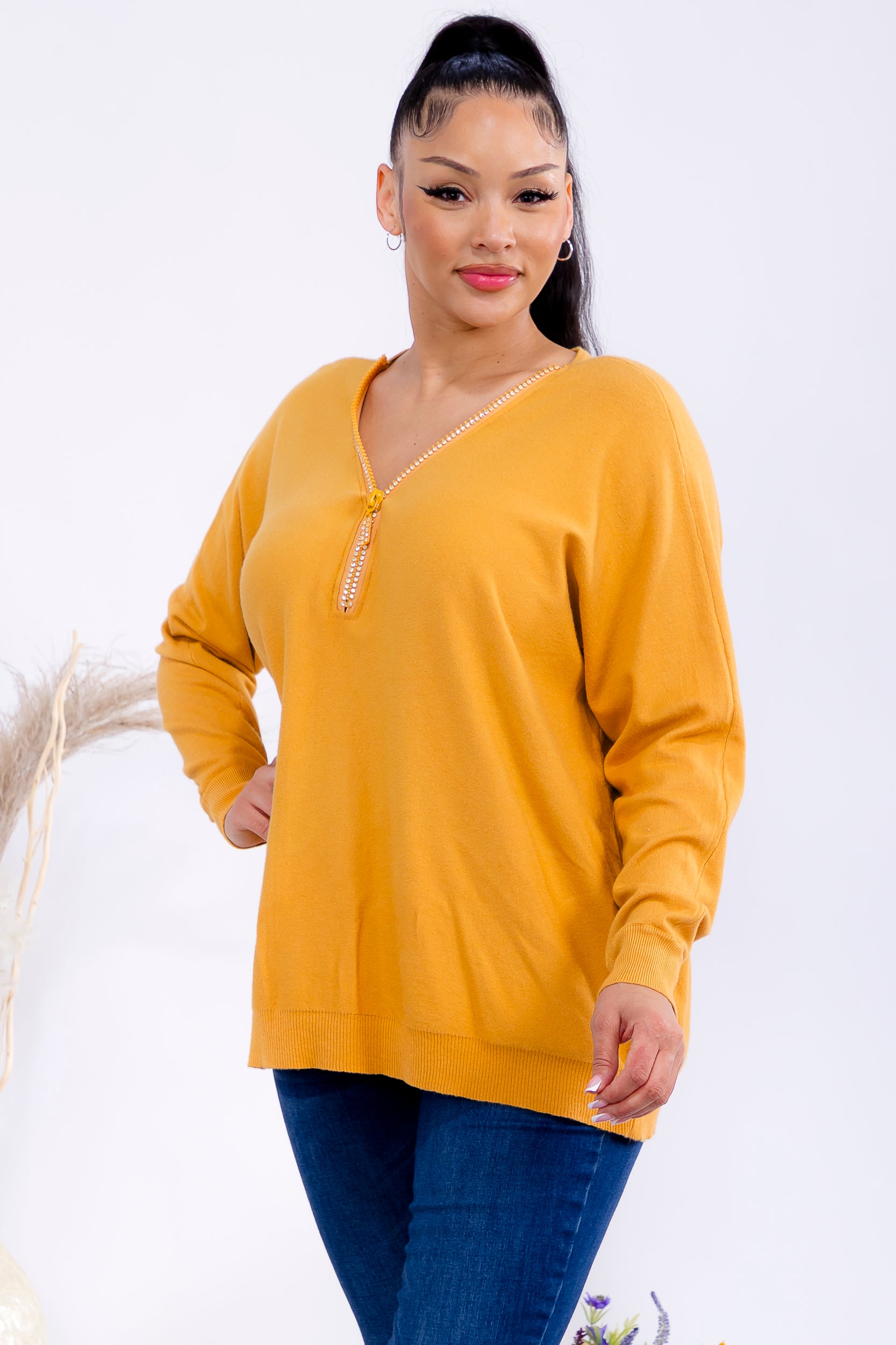 FM300 Zip Front Rhinestone Knit Sweater