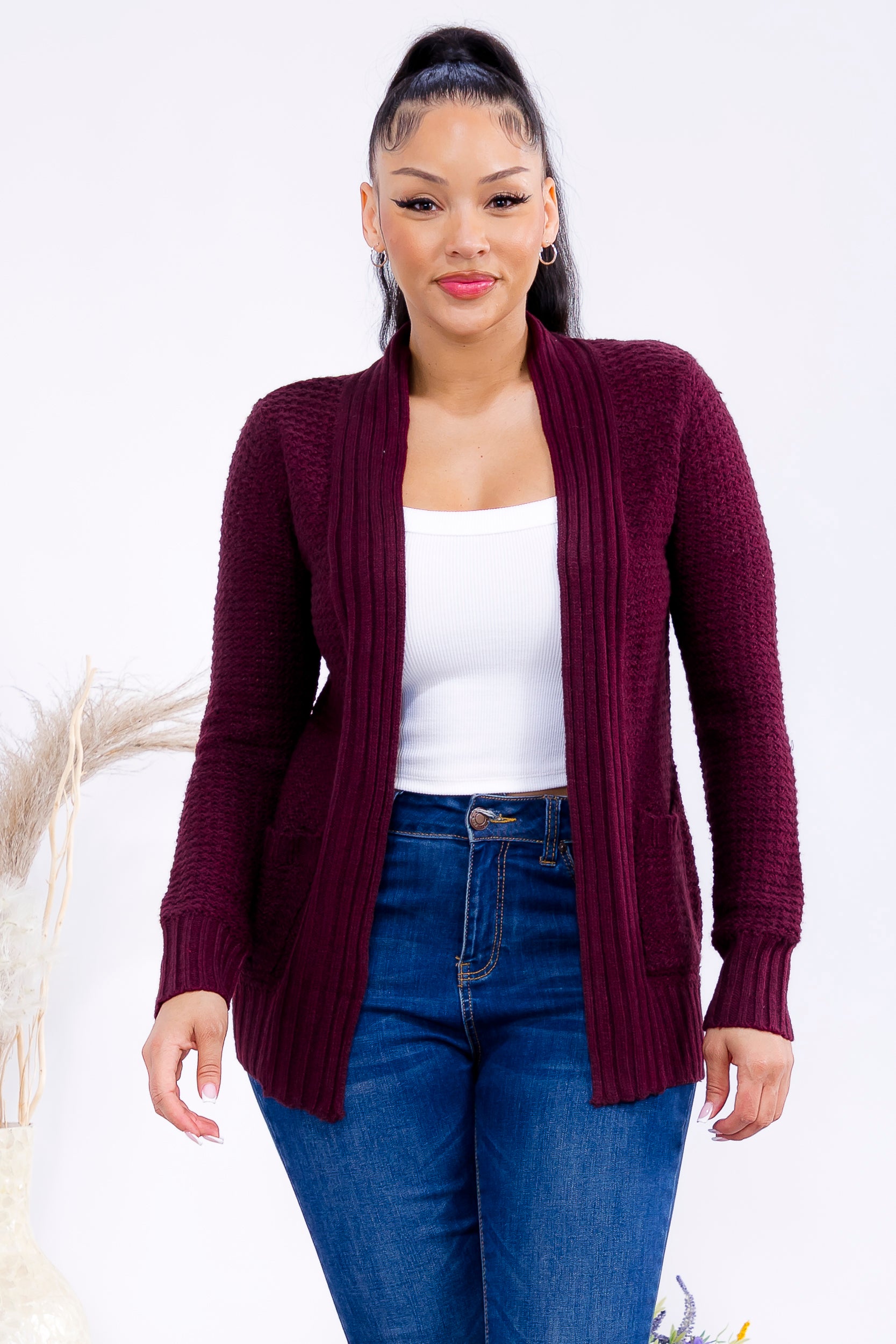 TRT11 Textured Open Front Knit Cardigan