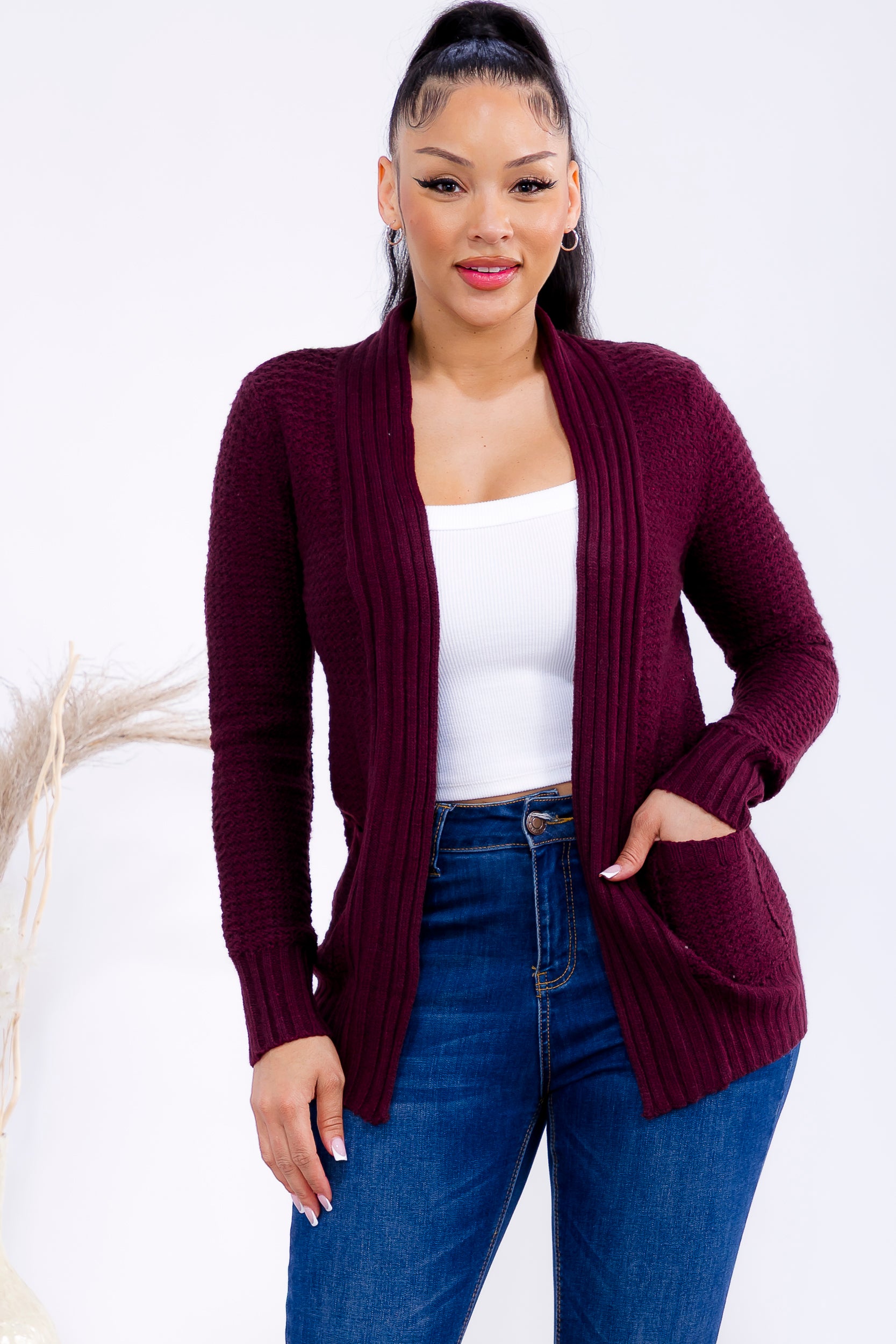 TRT11 Textured Open Front Knit Cardigan