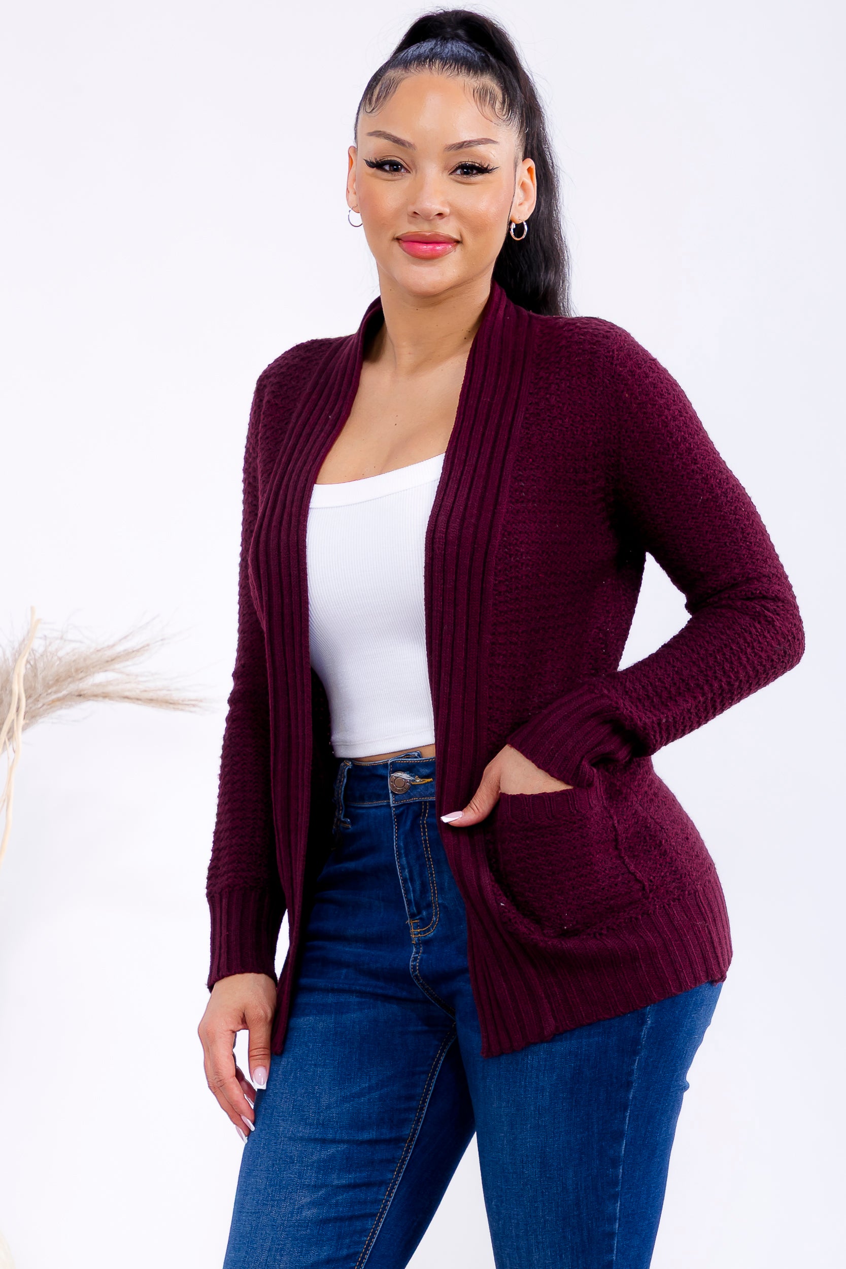 TRT11 Textured Open Front Knit Cardigan