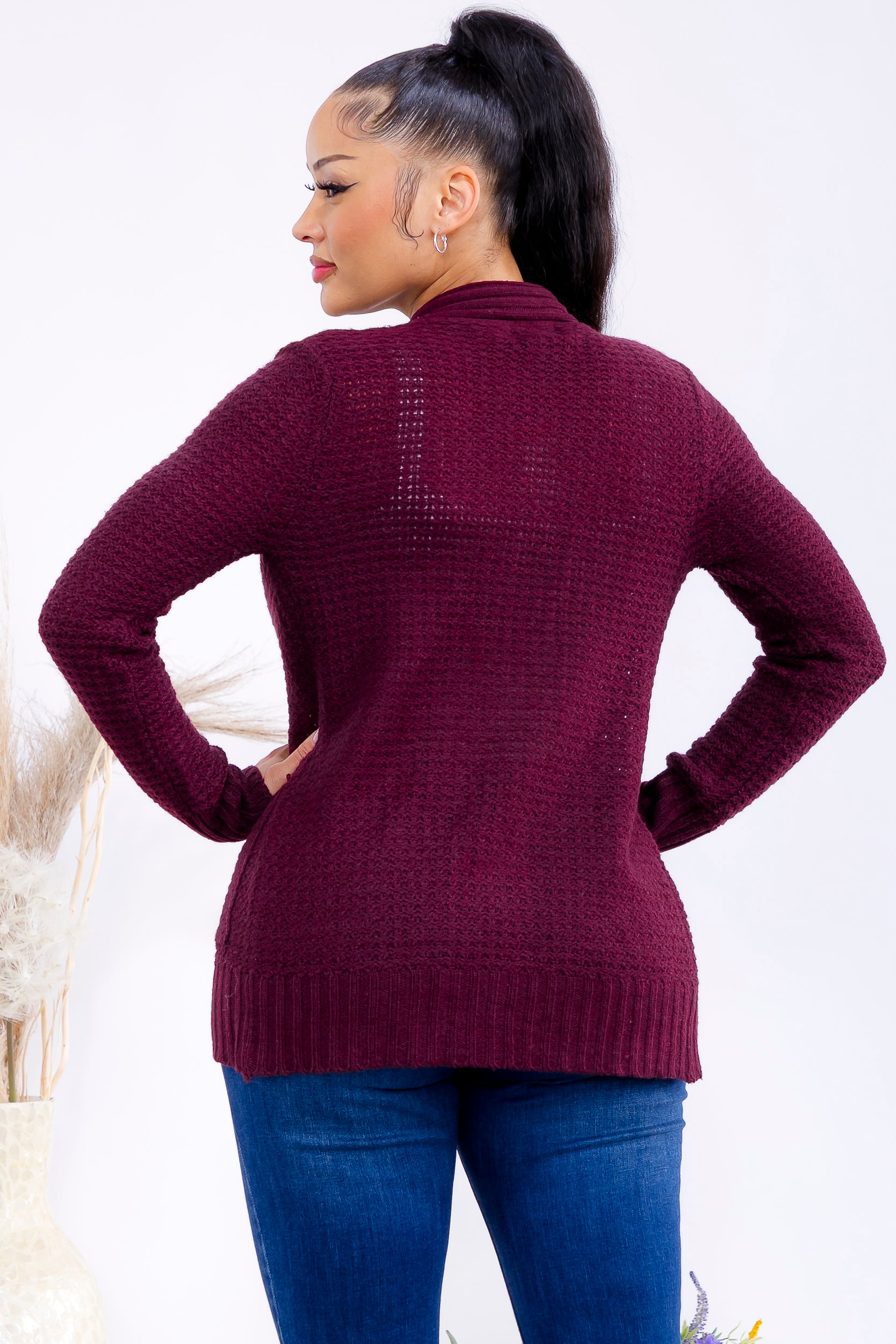 TRT11 Textured Open Front Knit Cardigan