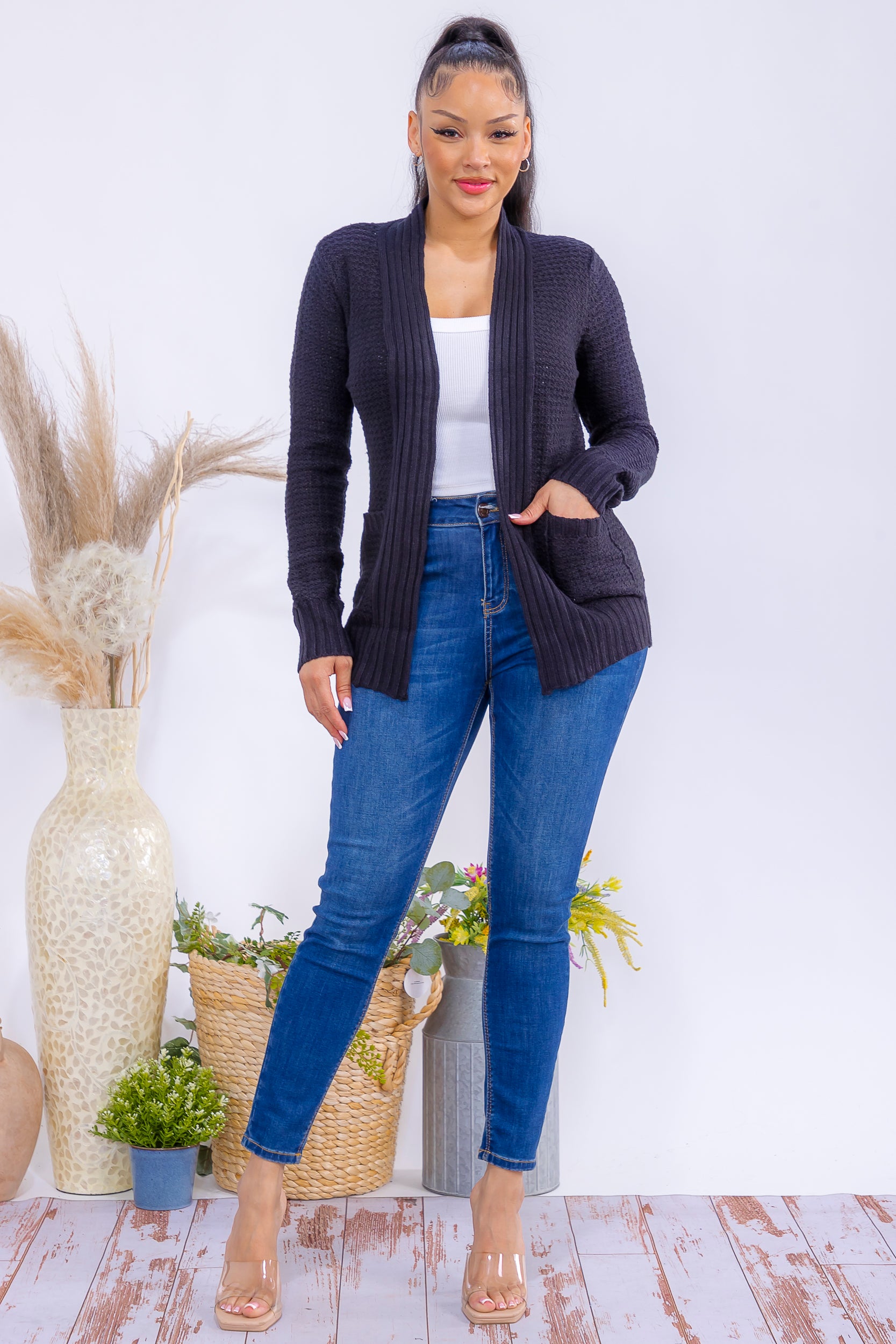 TRT11 Textured Open Front Knit Cardigan