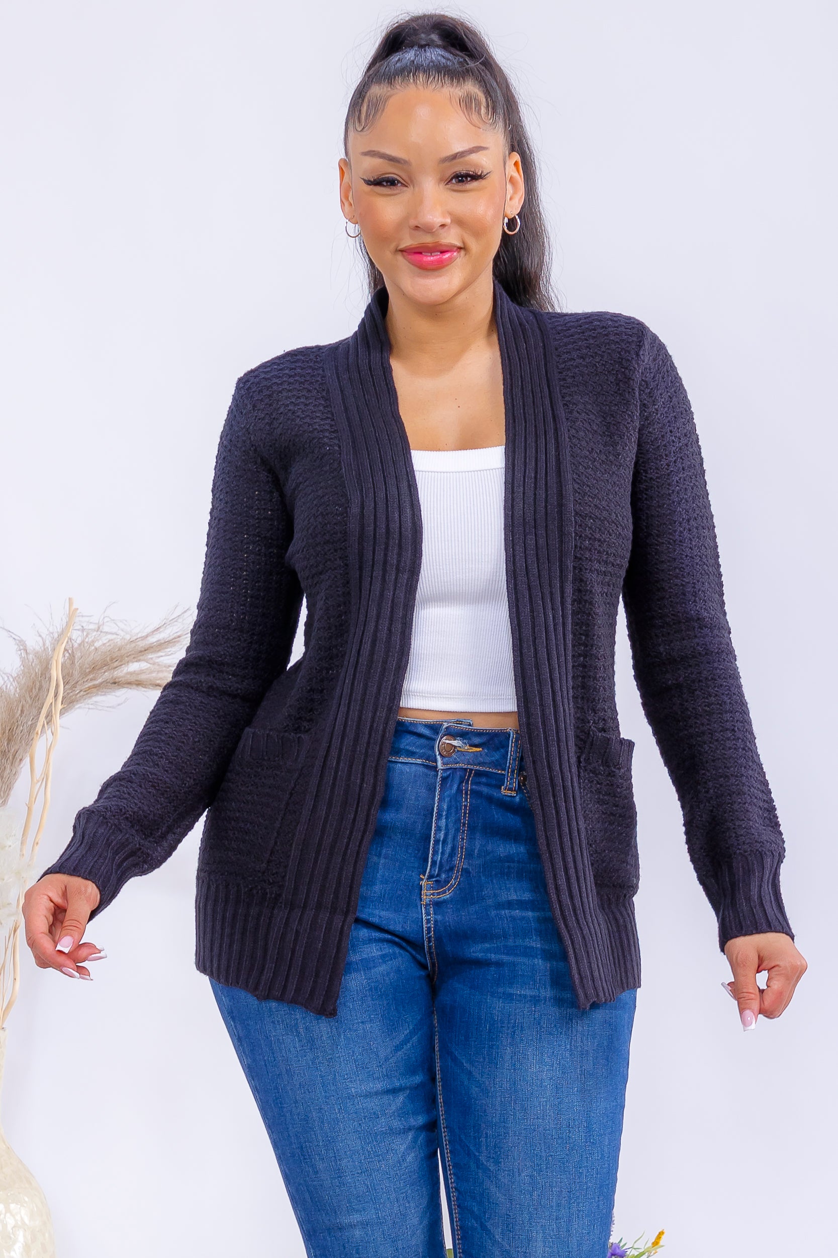 TRT11 Textured Open Front Knit Cardigan