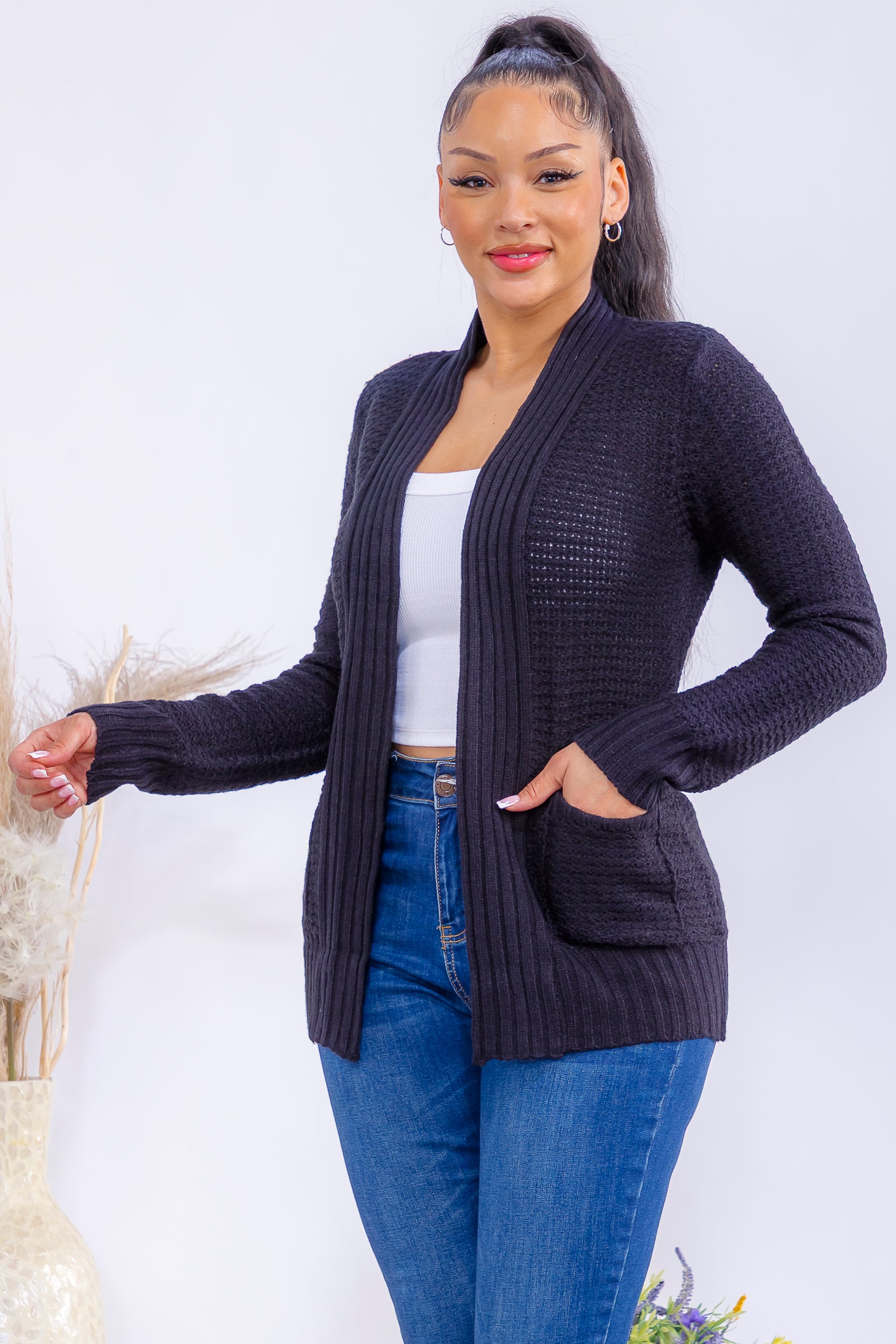 TRT11 Textured Open Front Knit Cardigan