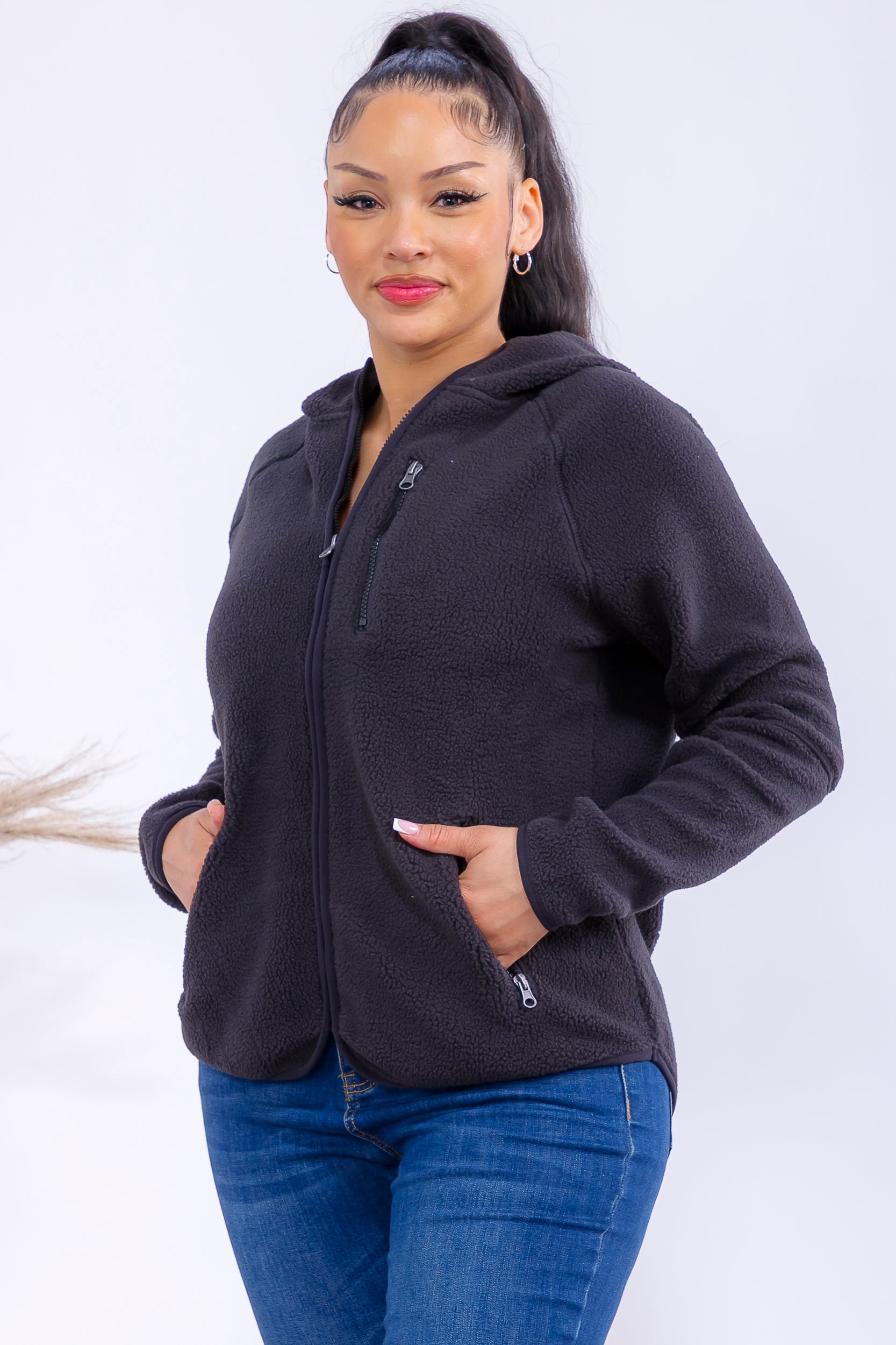 852-0012 Zip-Up Fleece Hoodie Jacket with Pockets