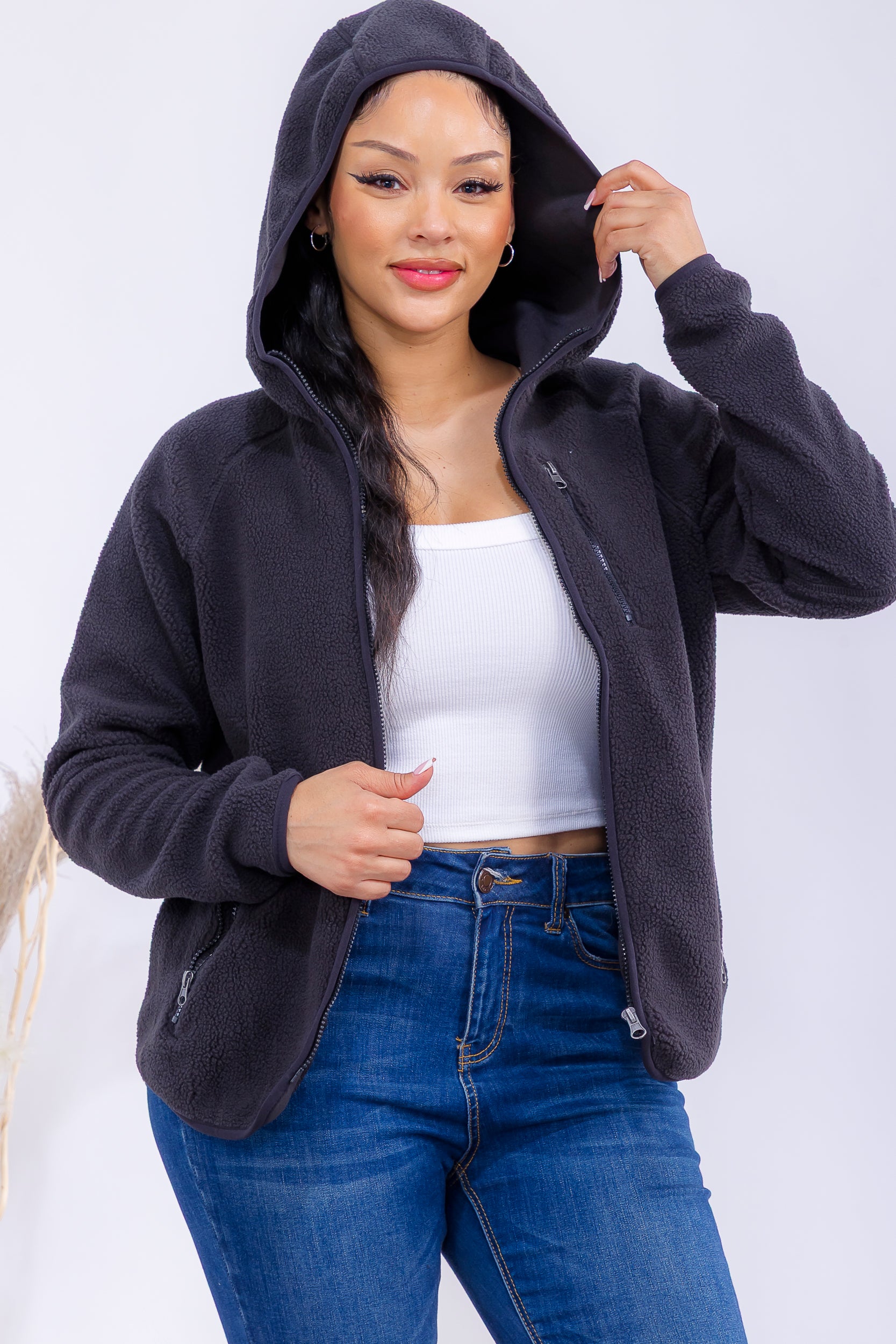 852-0012 Zip-Up Fleece Hoodie Jacket with Pockets
