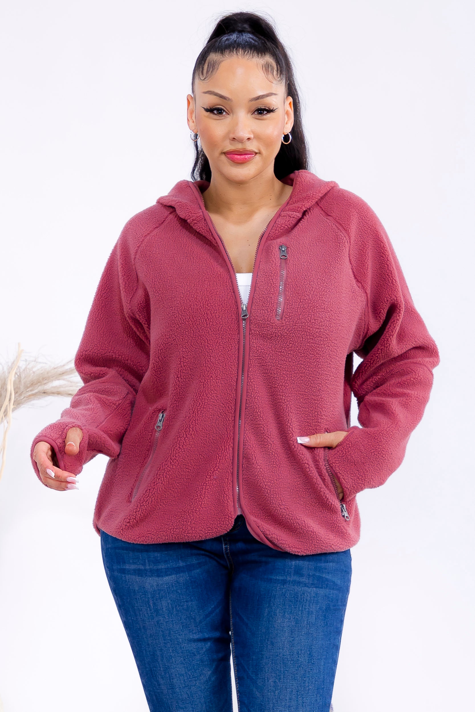 852-0012 Zip-Up Fleece Hoodie Jacket with Pockets