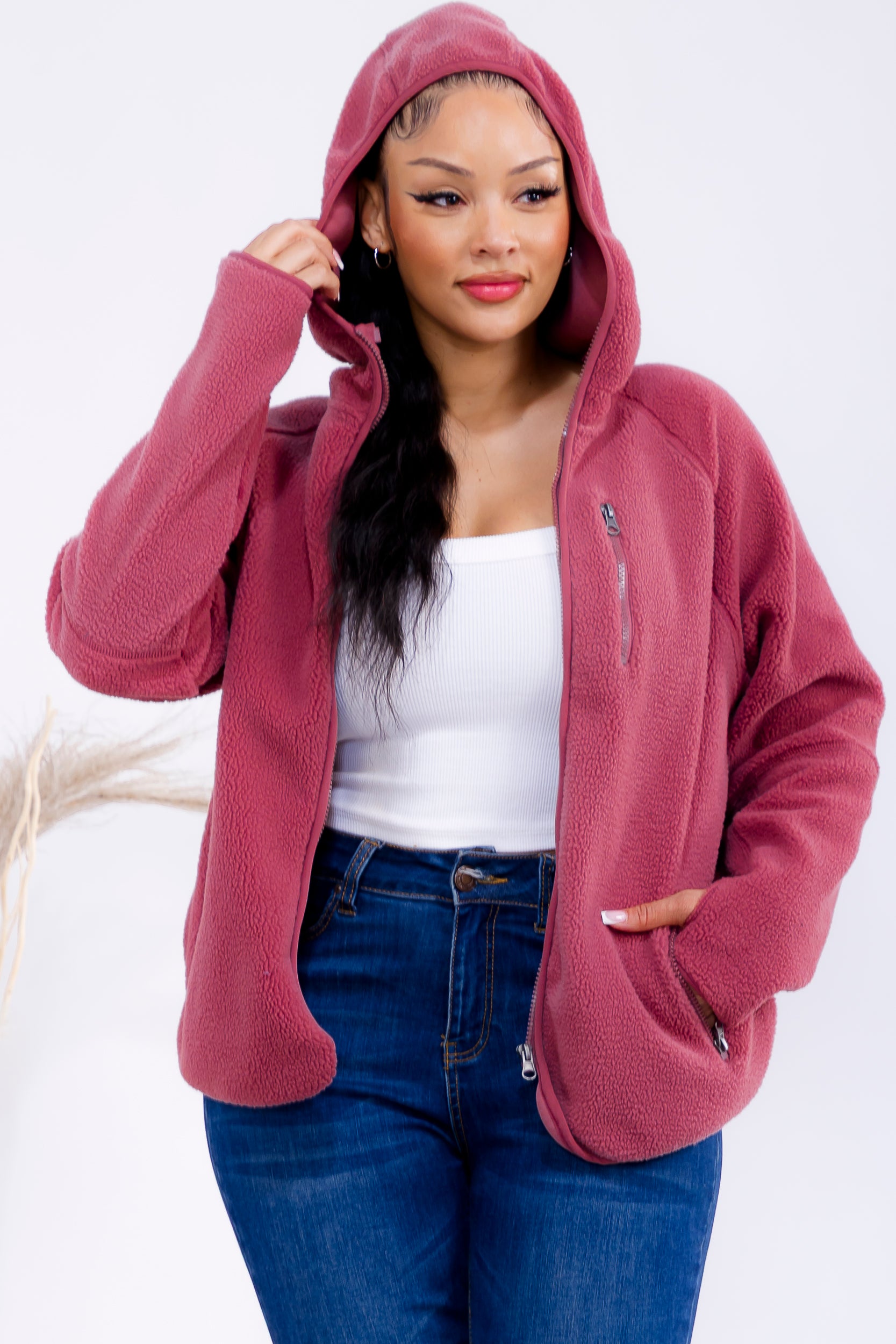 852-0012 Zip-Up Fleece Hoodie Jacket with Pockets