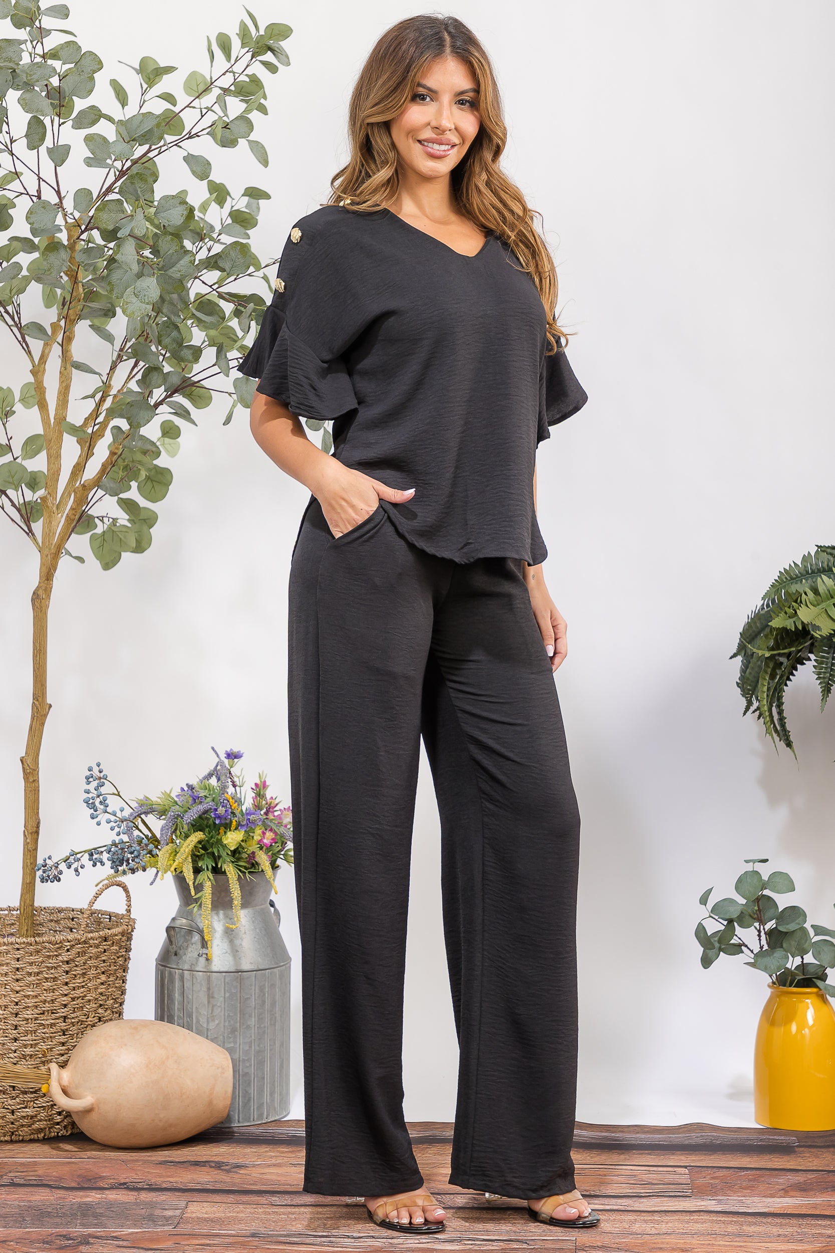 HH782X-S Plus Size Flowy Two-Piece Wide Leg Set