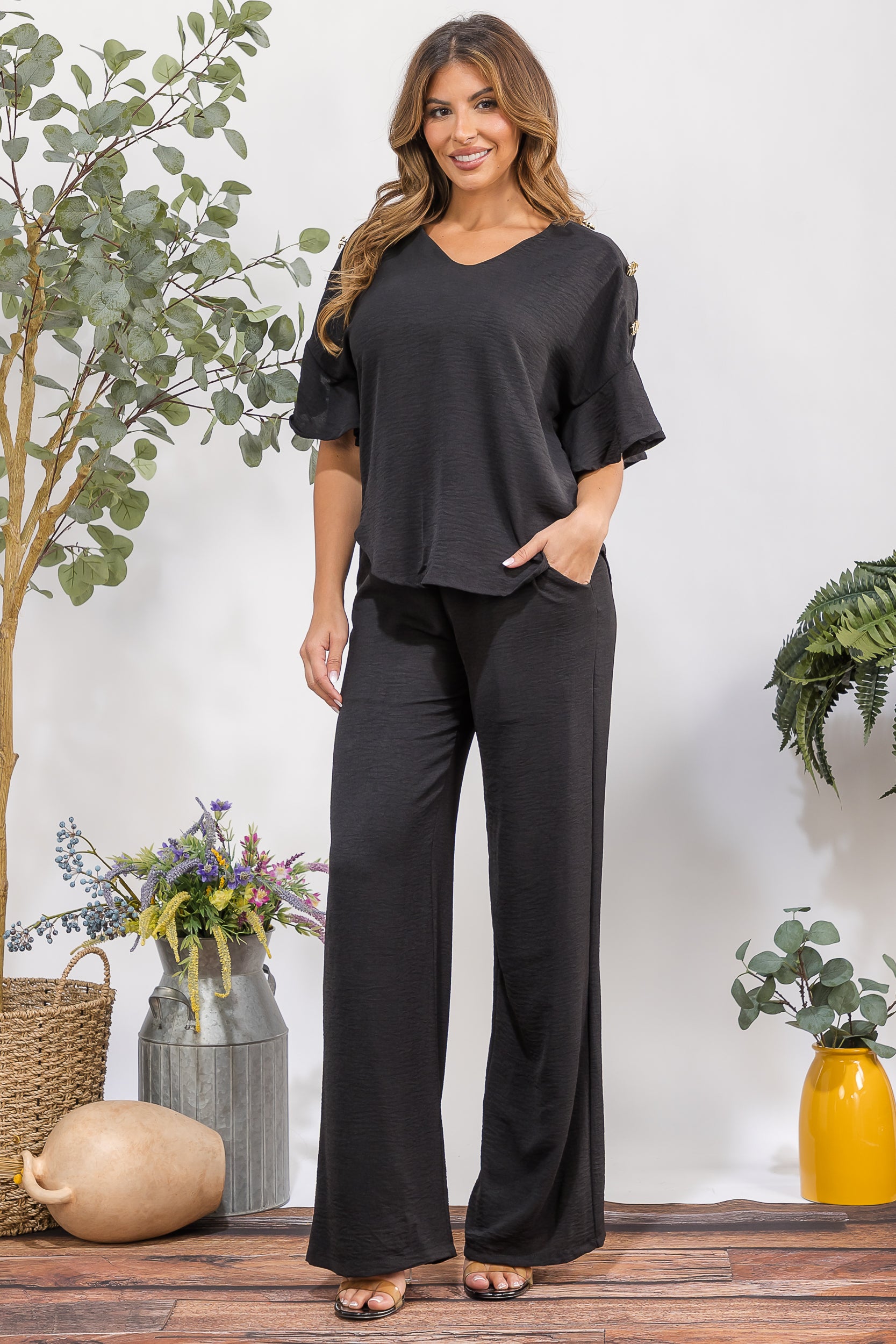 HH782X-S Plus Size Flowy Two-Piece Wide Leg Set